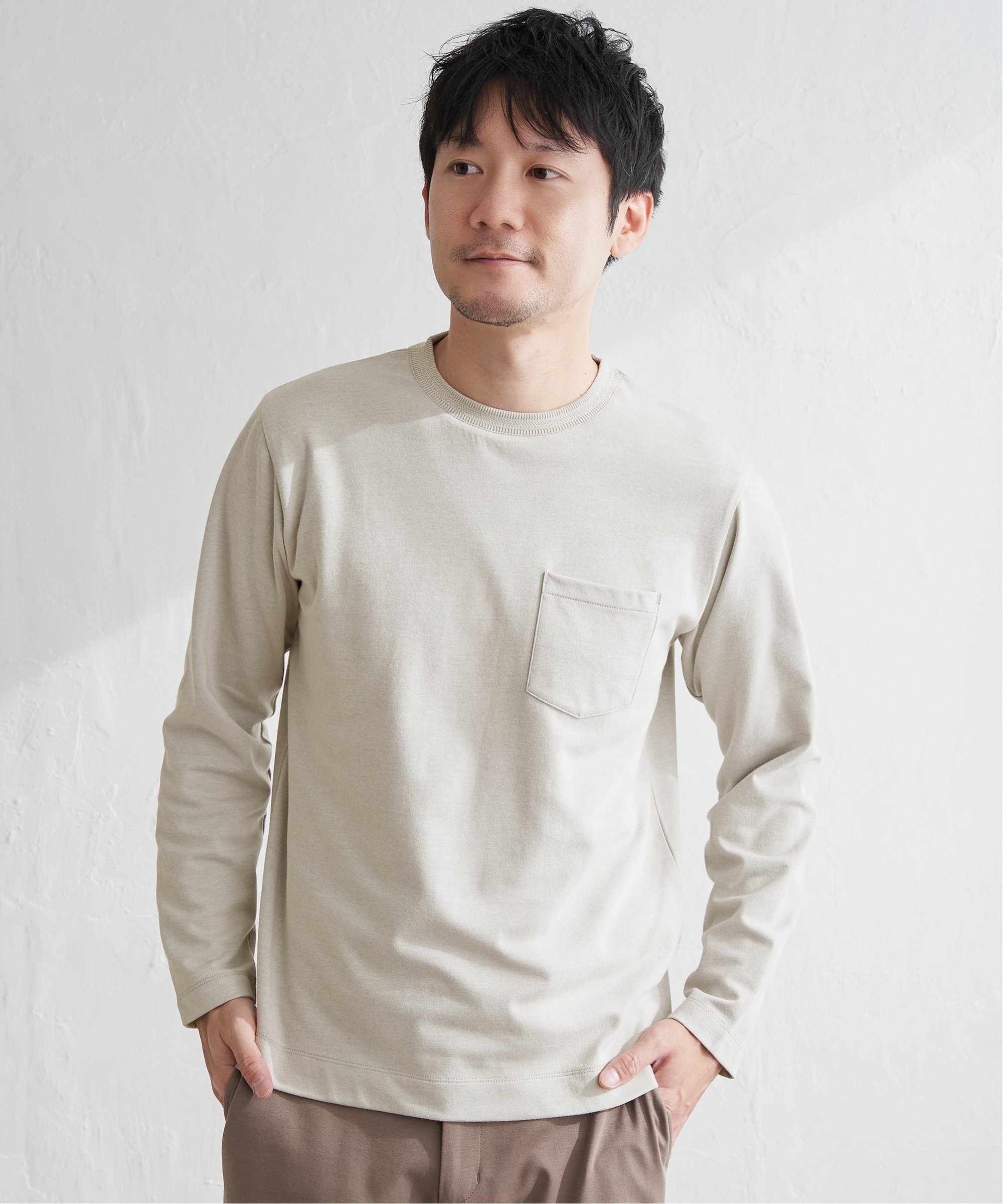 ikka ライトダンボールWフェイスロンT イッカ トップス カットソー・Tシャツ ブルー グレー ホワイト