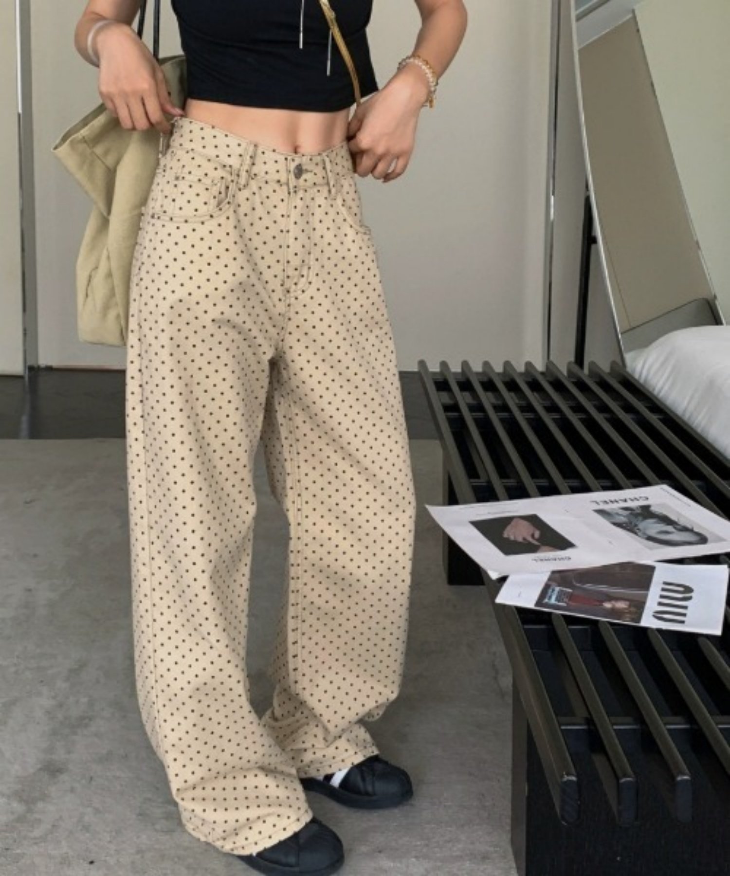 DIAVEL ドット柄ワイドパンツ ディアベル パンツ ジーンズ・デニムパンツ ブルー ベージュ ブラック