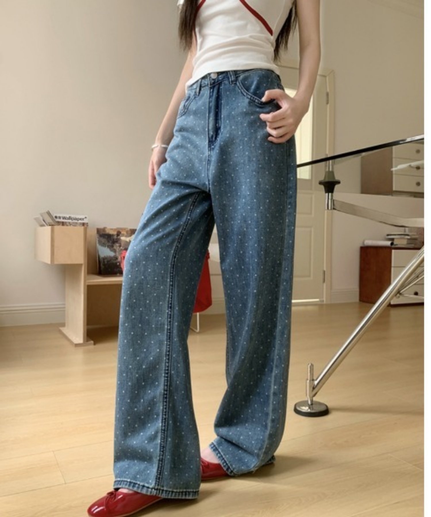 DIAVEL ドット柄ワイドパンツ ディアベル パンツ ジーンズ・デニムパンツ ブルー ベージュ ブラック