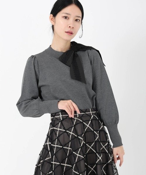 STRAWBERRY-FIELDS 【プレゼント対象】レース*タフタリボンネックニット ストロベリーフィールズ トップス ニット ブラック ピンク グレー【送料無料】