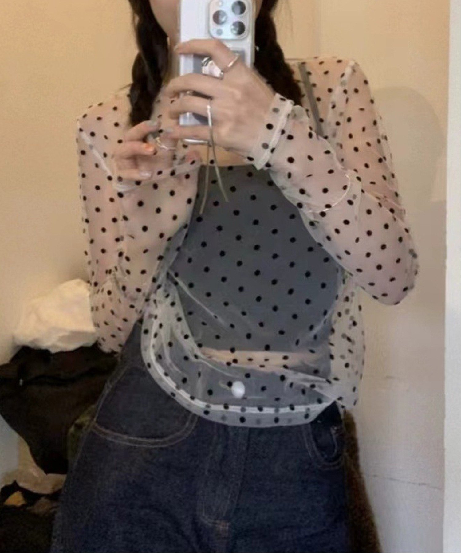 Nia Nia/(W)Nia(ニア)/ドット柄シースルートップス チェルカ トップス カットソー・Tシャツ ホワイト ブラック