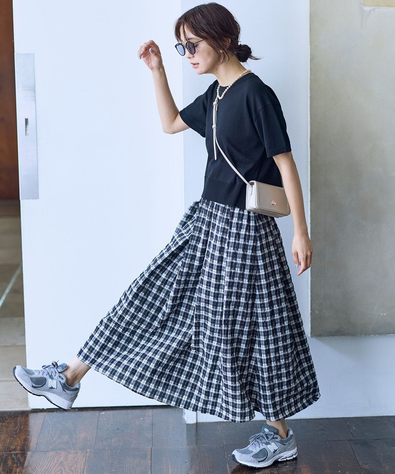 ANY 【2SET】Knit x Check Skirt Set Any Jacket/Outerwear Tailored Jacket/Blazer Brown Blue 【Free Shipping】