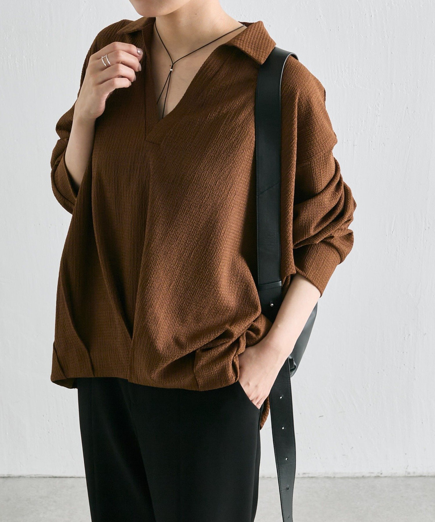 スキッパーシャツ【SUM1 STYLE】 イア パピヨネ トップス シャツ・ブラウス ブラック ブラウン