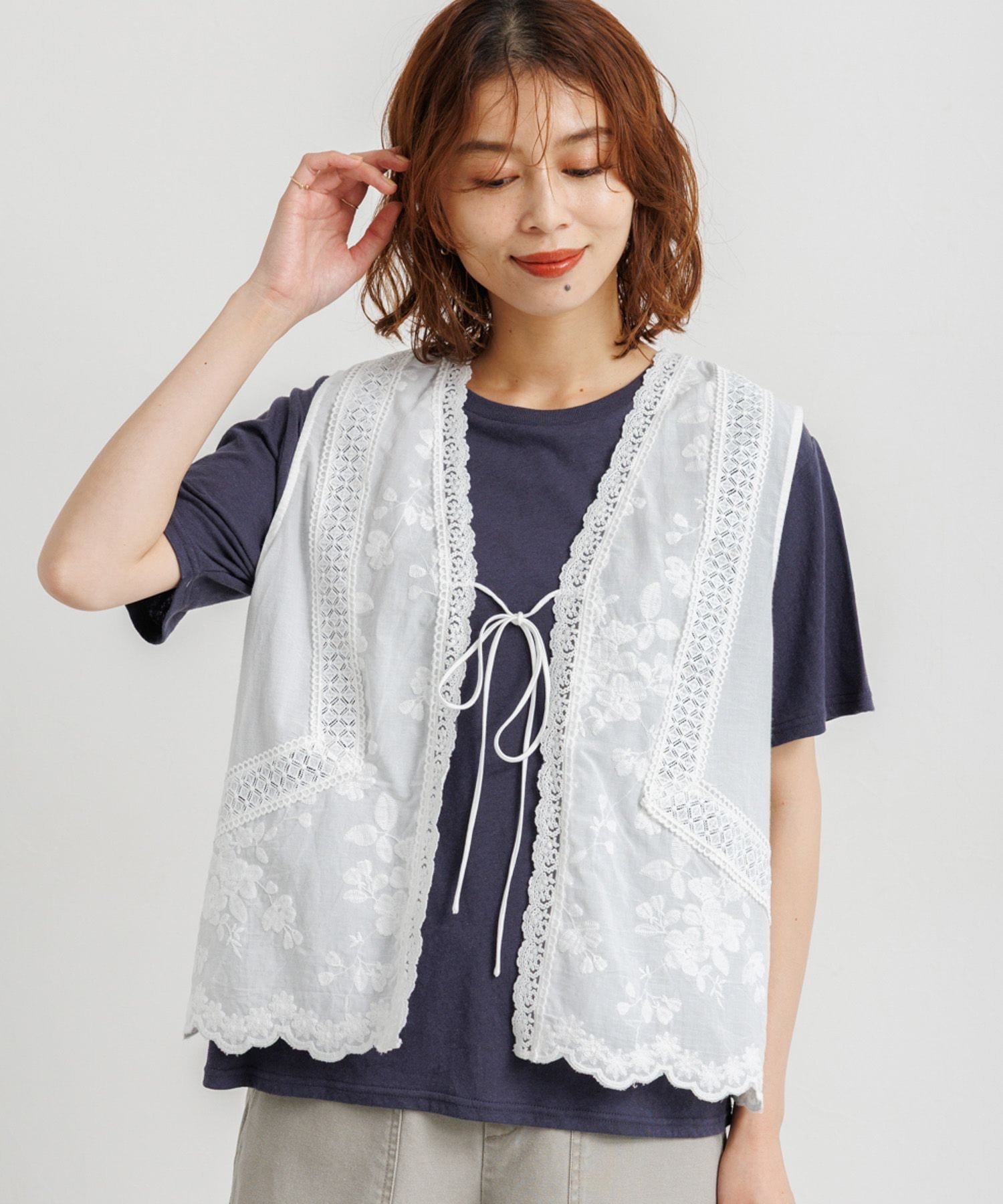 【SALE/50%OFF】studio CLIP 刺繍レースジレ スタディオクリップ トップス ベスト・ジレ ブラック ホワイト