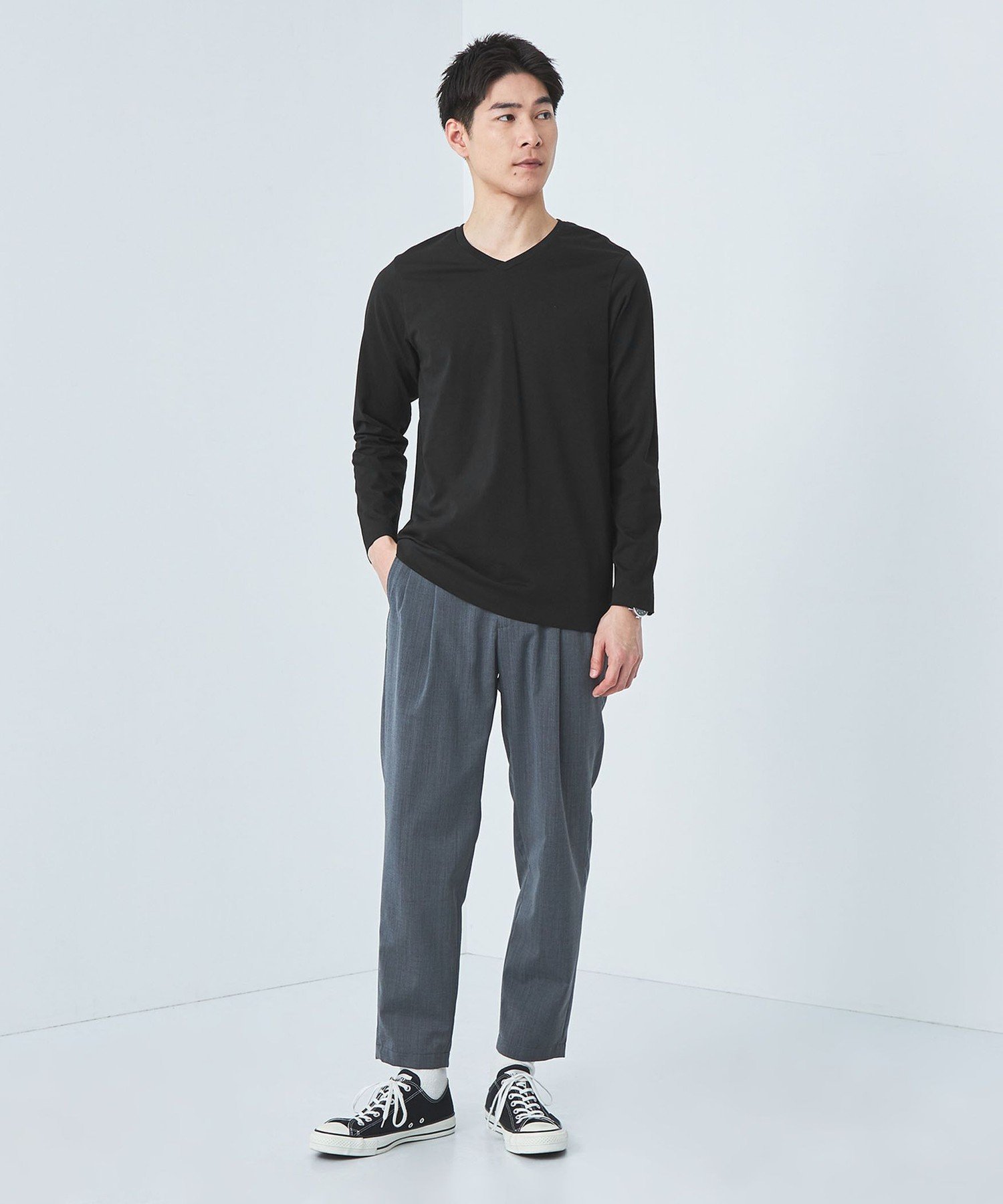 【SALE／50%OFF】UNITED ARROWS green label relaxing LONG FIBER COTTON クリア Vネック Tシャツ ユナイテッドアローズ アウトレット トップス カットソー・Tシャツ ブラック ホワイト
