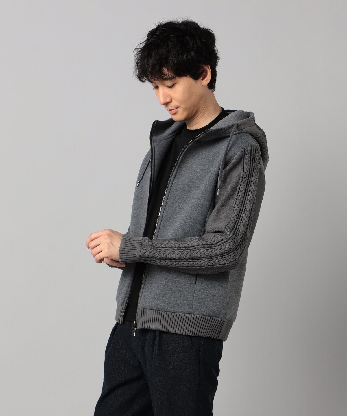 COMME CA MEN ニットコンビ ジップアップパーカ コムサメン トップス パーカー・フーディー グレー ブラック【送料無料】