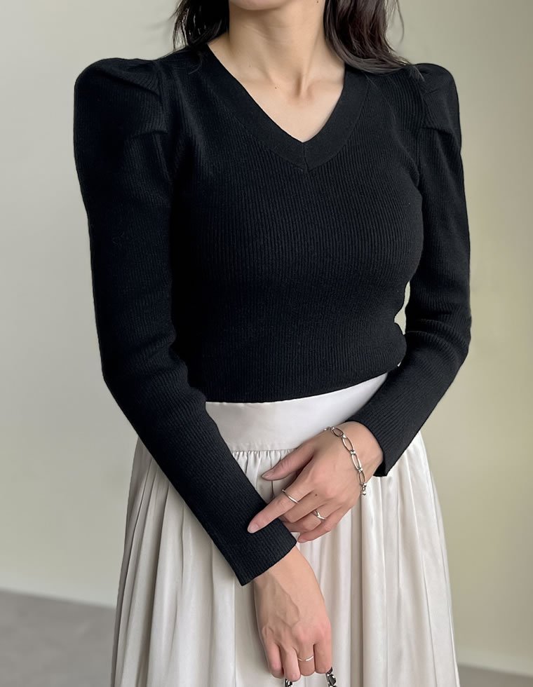 Re:EDIT Vネックパフスリーブニットトップス リエディ トップス ニット カーキグリーン ベージュ ホワ..