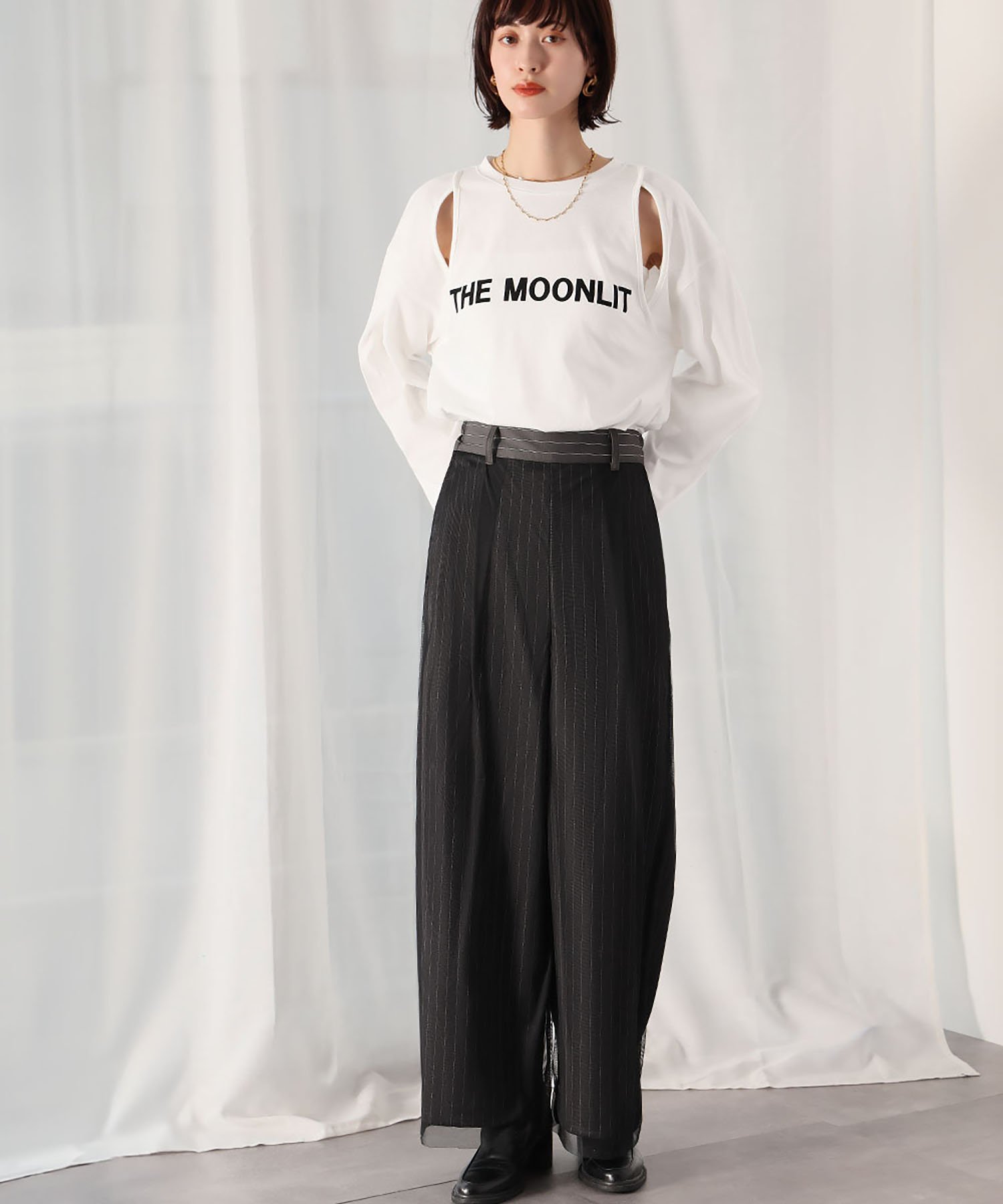 【SALE／28%OFF】Ampirula チュールドッキングピンストライプフレアワイドパンツ リバーフィールド アンド コー パンツ その他のパンツ ブラック【送料無料】