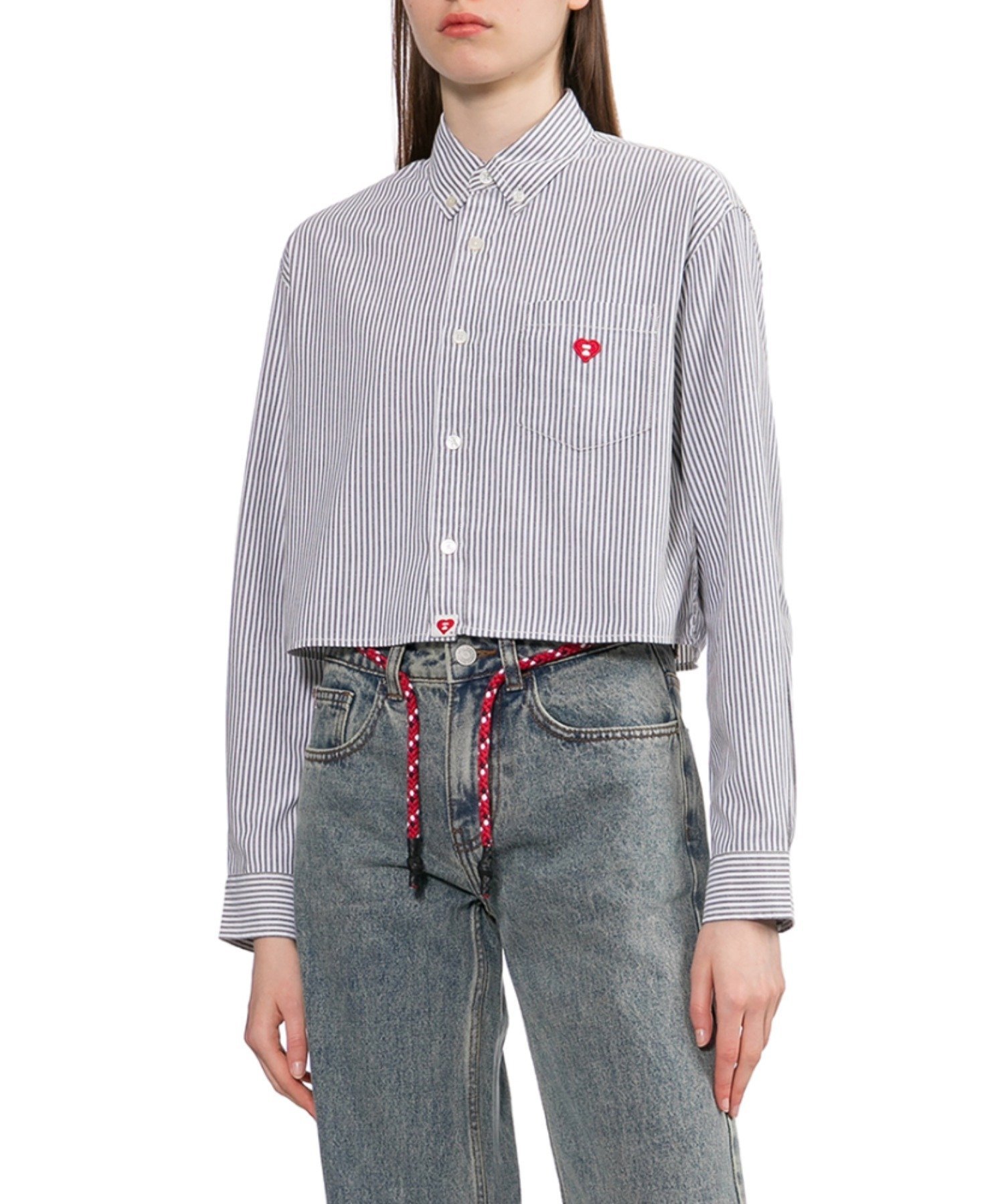EMBRO BADGE STRIPE CROPPED SHIRT ア ベイシング エイプ トップス シャツ・ブラウス ネイビー