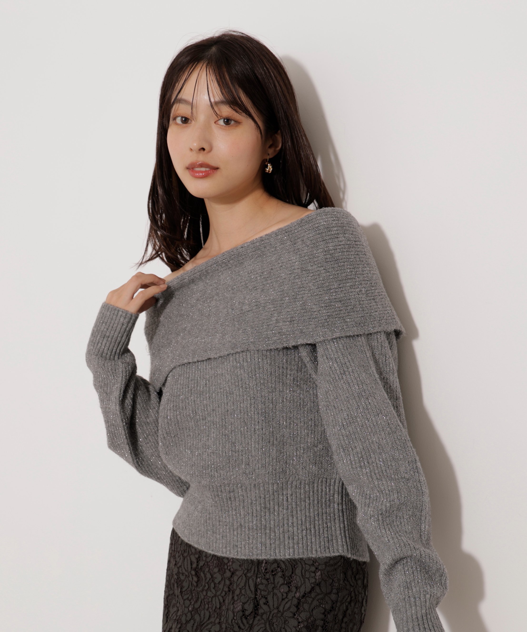 PROPORTION BODY DRESSING ラメ入りオフショルニット プロポーションボディドレッシング トップス ニット ブラウン ベージュ グレー