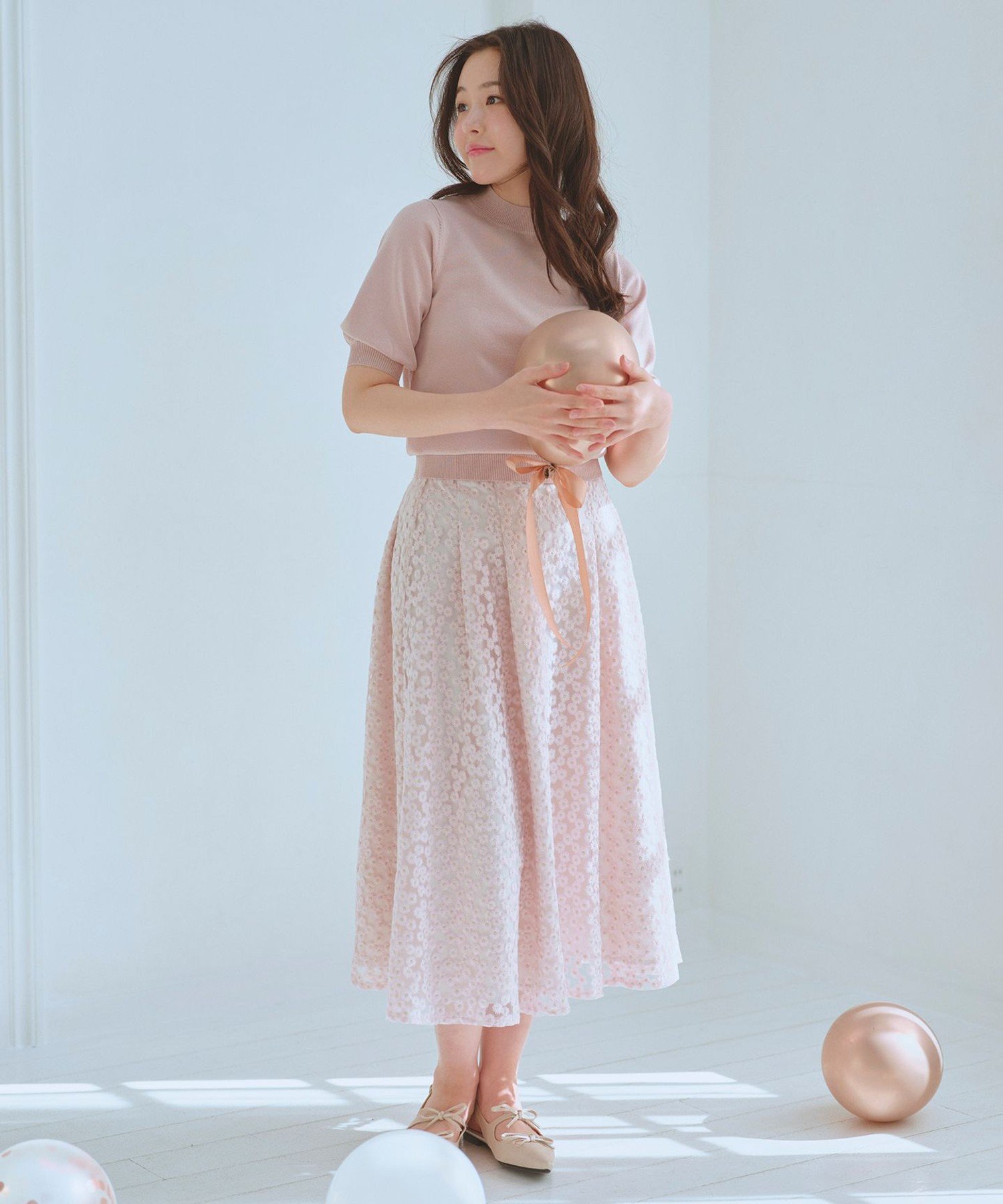 【SALE／30%OFF】Feroux フラワー刺繍 フレアスカート フェルゥ スカート ロング・マキシスカート ピンク ホワイト【送料無料】