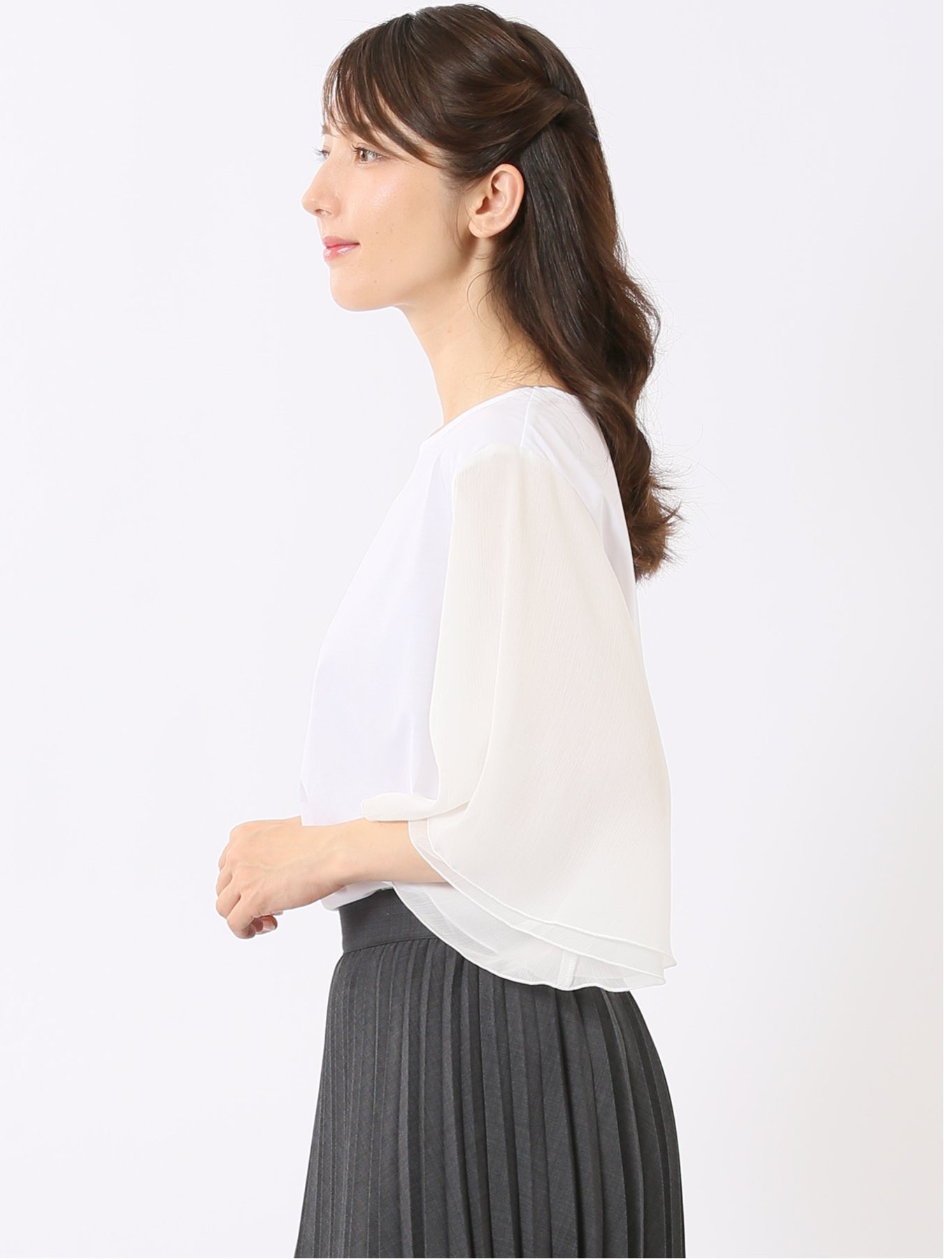 m.f.editorial Tシャツ プルオーバー レディース 接触冷感 無地 クルーネック フレアスリーブ 楊柳 切替 タカキュー トップス カットソー・Tシャツ ホワイト