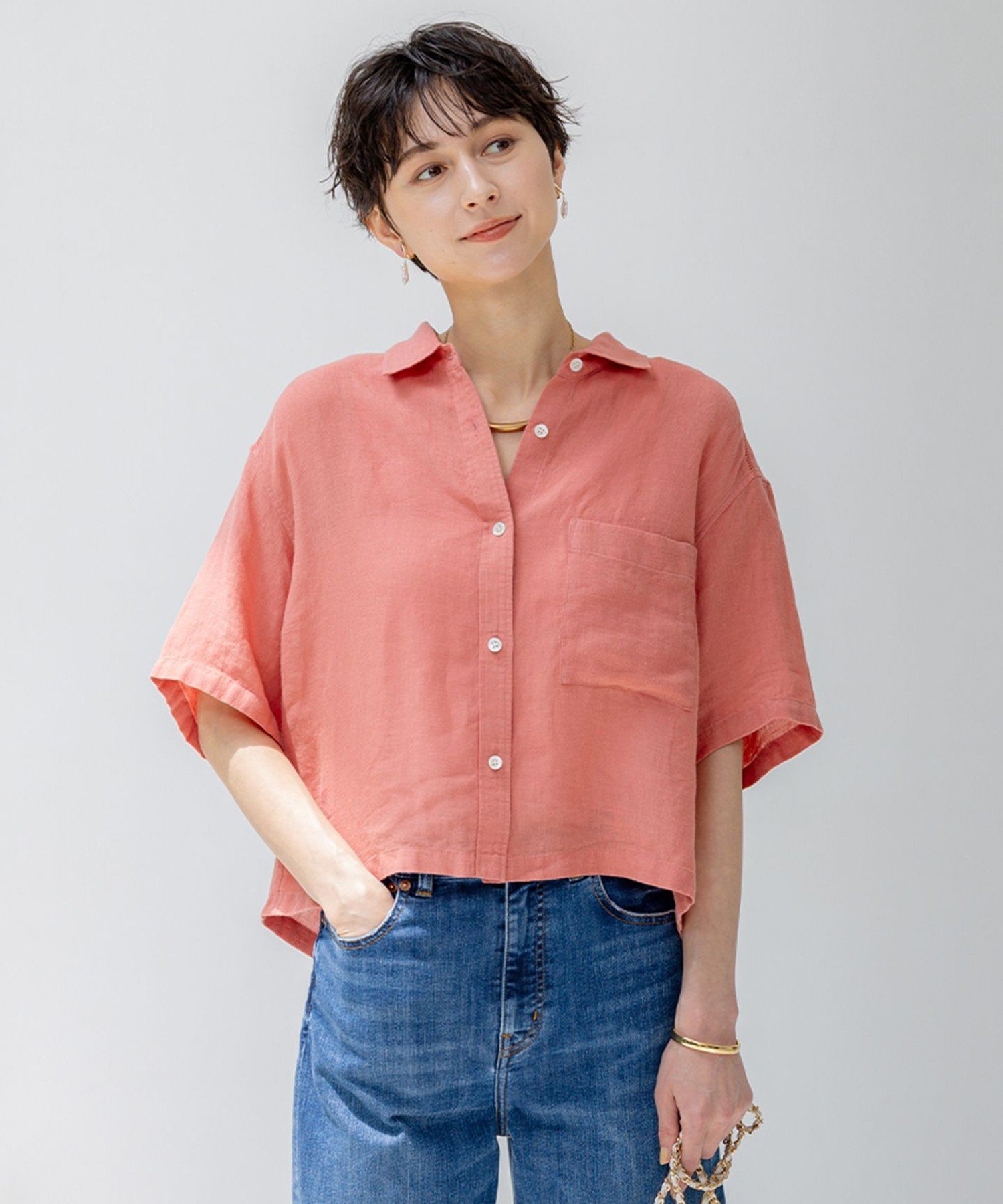 23区 【Oggi7月号掲載/洗える】LIBECOリネン クロップド デザイン シャツ ニジュウサンク トップス シャツ・ブラウス パープル ホワイト