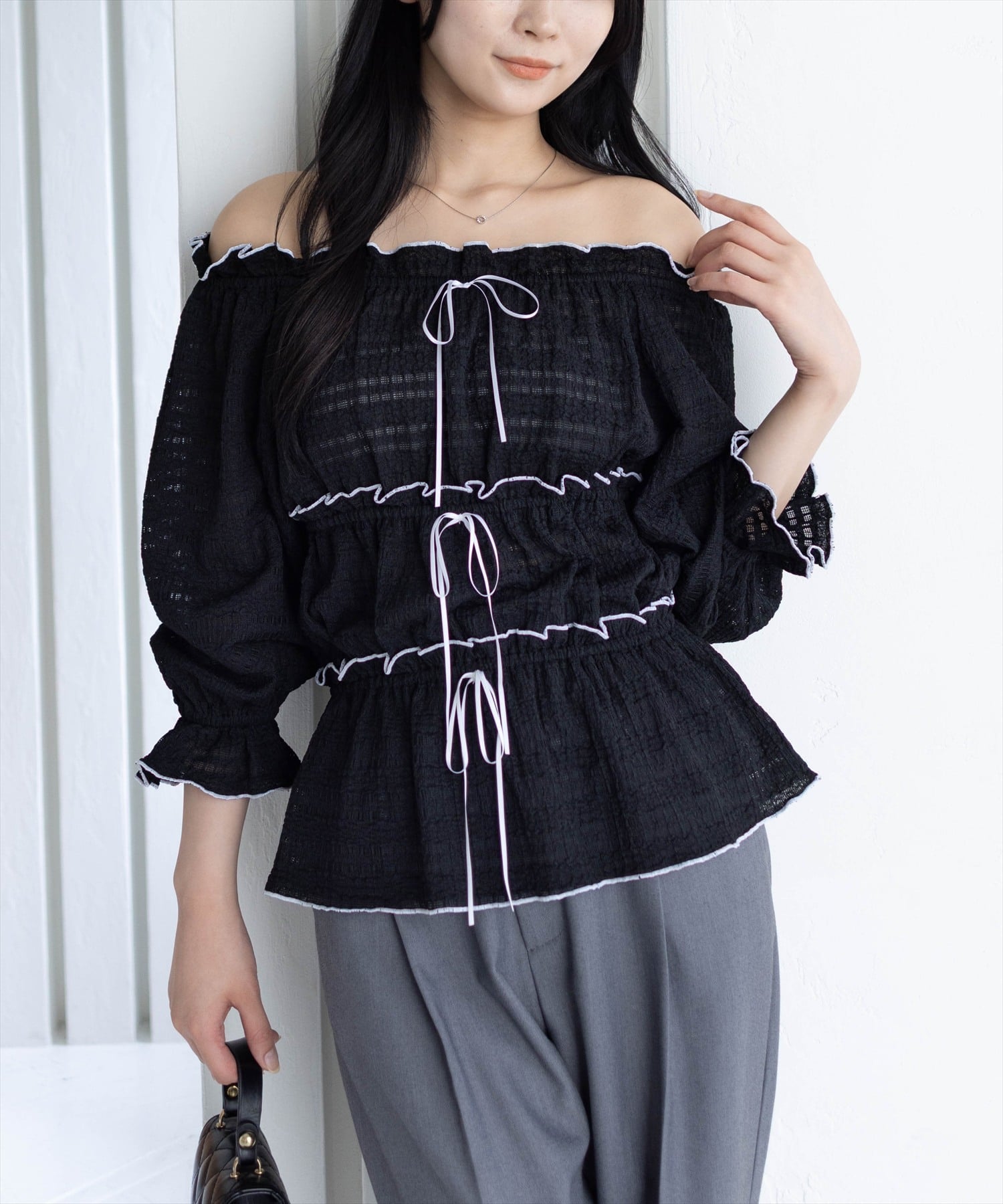 【SALE／44%OFF】clear 2wayリボン付きメロウレース七分袖トップス クリア トップス シャツ・ブラウス ブラック ブラウンのサムネイル