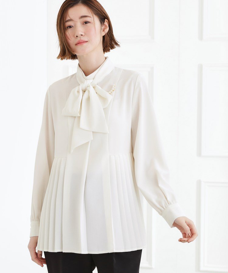 grove 裾プリーツ取り外しボウタイブラウス グローブ トップス シャツ・ブラウス ネイビー ホワイト ブラック【送料無料】