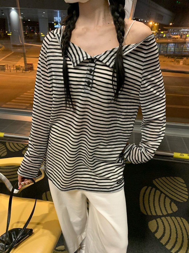LADY LIKE 【春夏新作】ヘンリーネックボーダー柄ゆったりシアートップス ディアベル トップス カットソー・Tシャツ ピンク ブラック