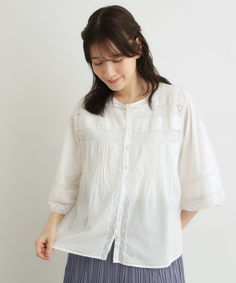 LAURA ASHLEY 【洗える/コットン100%】リバーレース テントスリーブブラウス ローラ アシュレイ トップス シャツ・ブラウス ホワイト ブラック