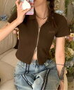 HALEY PESCA HALEY PESCA/(W)2WAYショート丈 Y2Kダブルジップ半袖カットソー チェルカ トップス カットソー・Tシャツ ホワイト ブラウン グレー ピンク