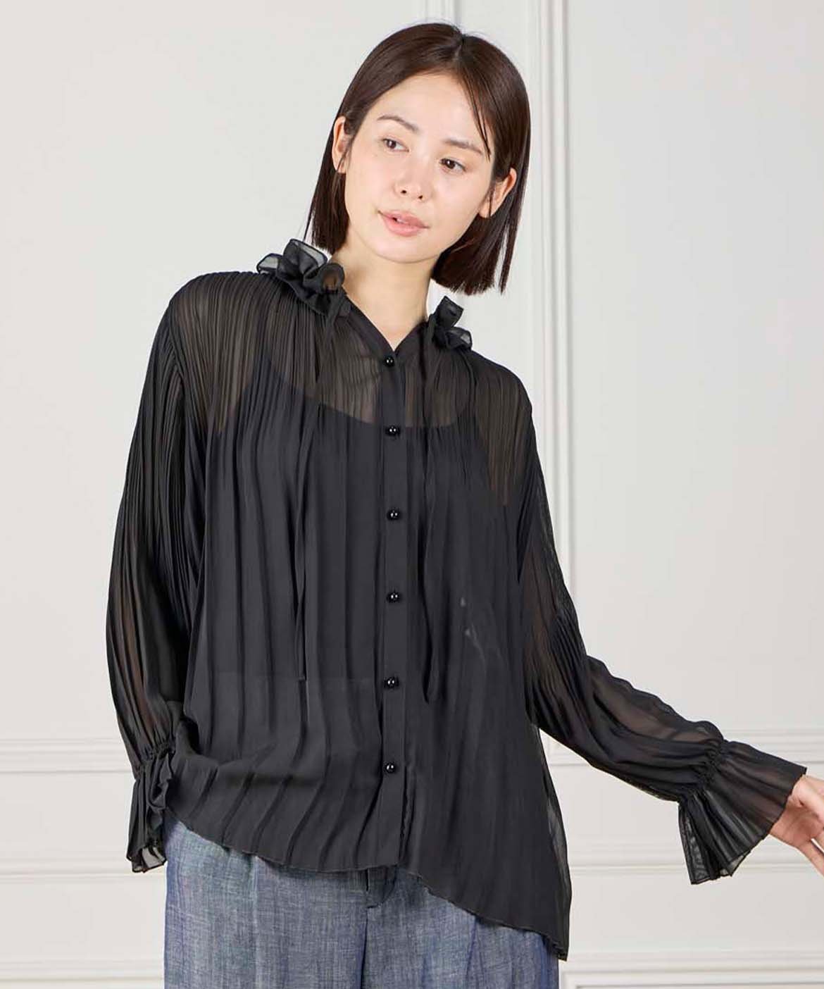 ef-de Black フリルネックプリーツブラウス イネド トップス シャツ・ブラウス ブルー ベージュ ブラック【送料無料】
