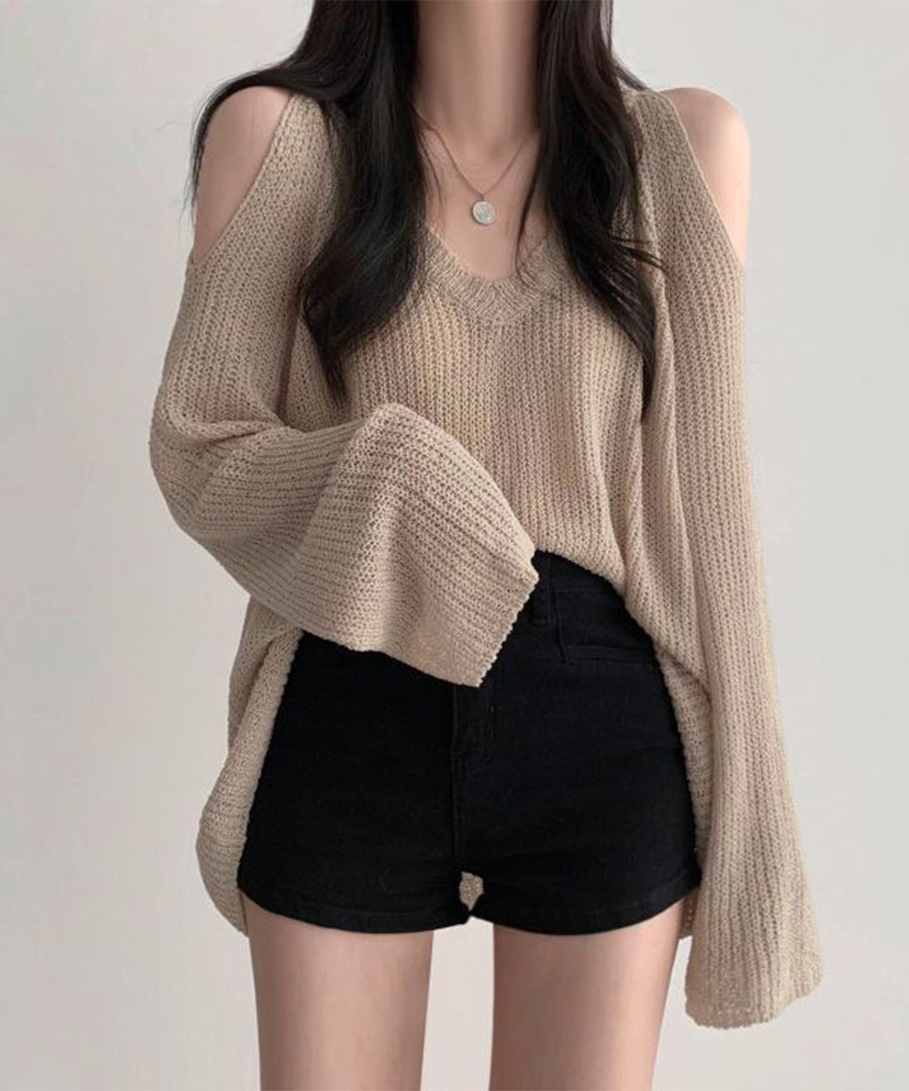 miniministore 肩出しニット レディース Vネック ミニミニストア トップス ニット ベージュ ブラック ホワイト グリーン