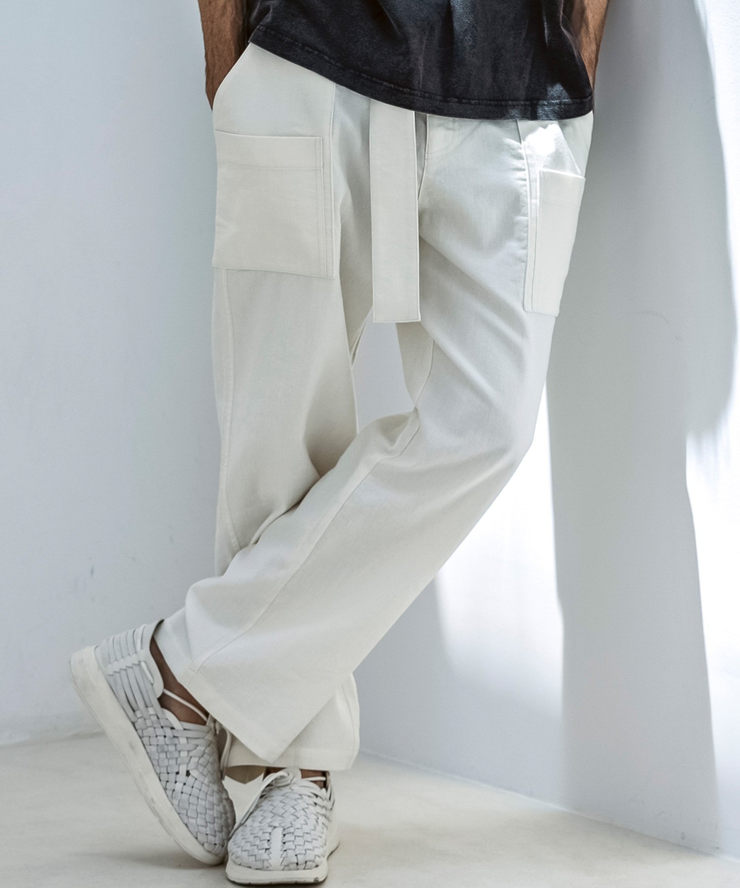 1PIU1UGUALE3 RELAX 1PIU1UGUALE3 RELAX リネンブレンド6ポケットワイドパンツ シフォン パンツ その他のパンツ ブラック ホワイト ベージュ【送料無料】