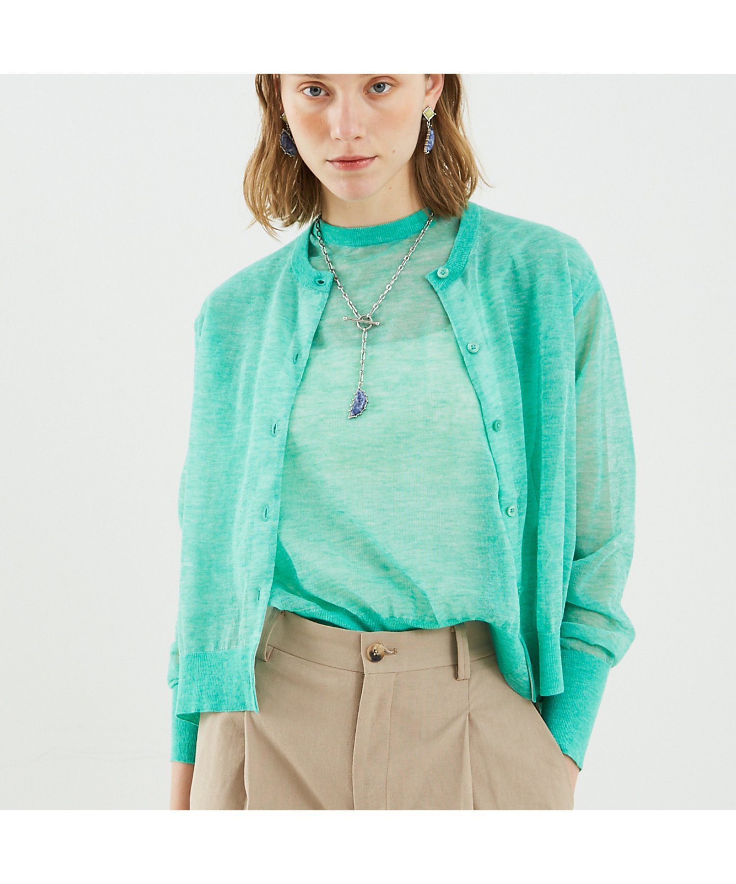 DESIGNWORKS リネン混シアーカーディガン デザインワークス トップス カーディガン ホワイト グリーン ブラック オレンジ【送料無料】