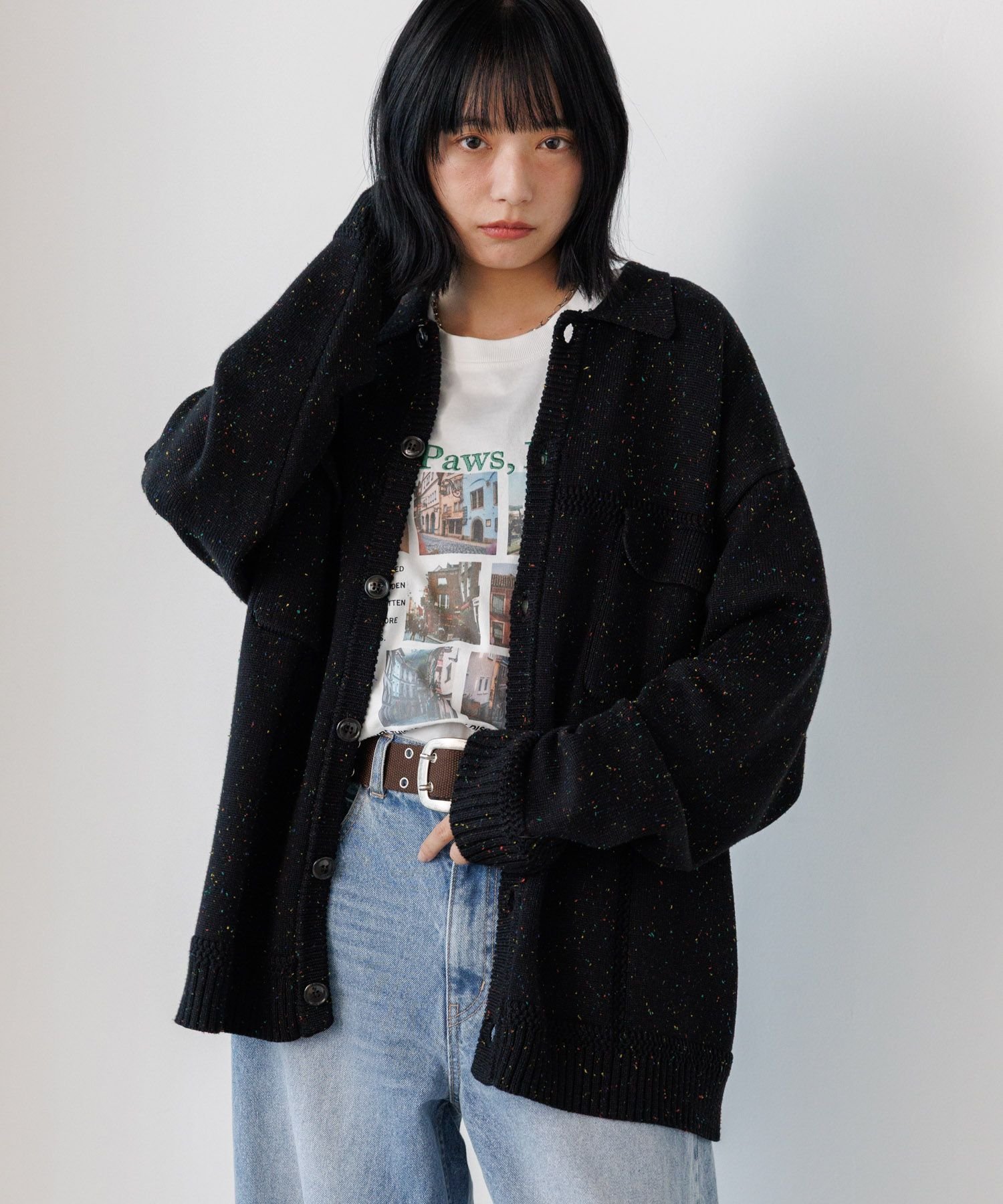 PAGEBOYLIM 【PBLIM】カラフルネップカーデ ページボーイ トップス ニット ブラック グレー