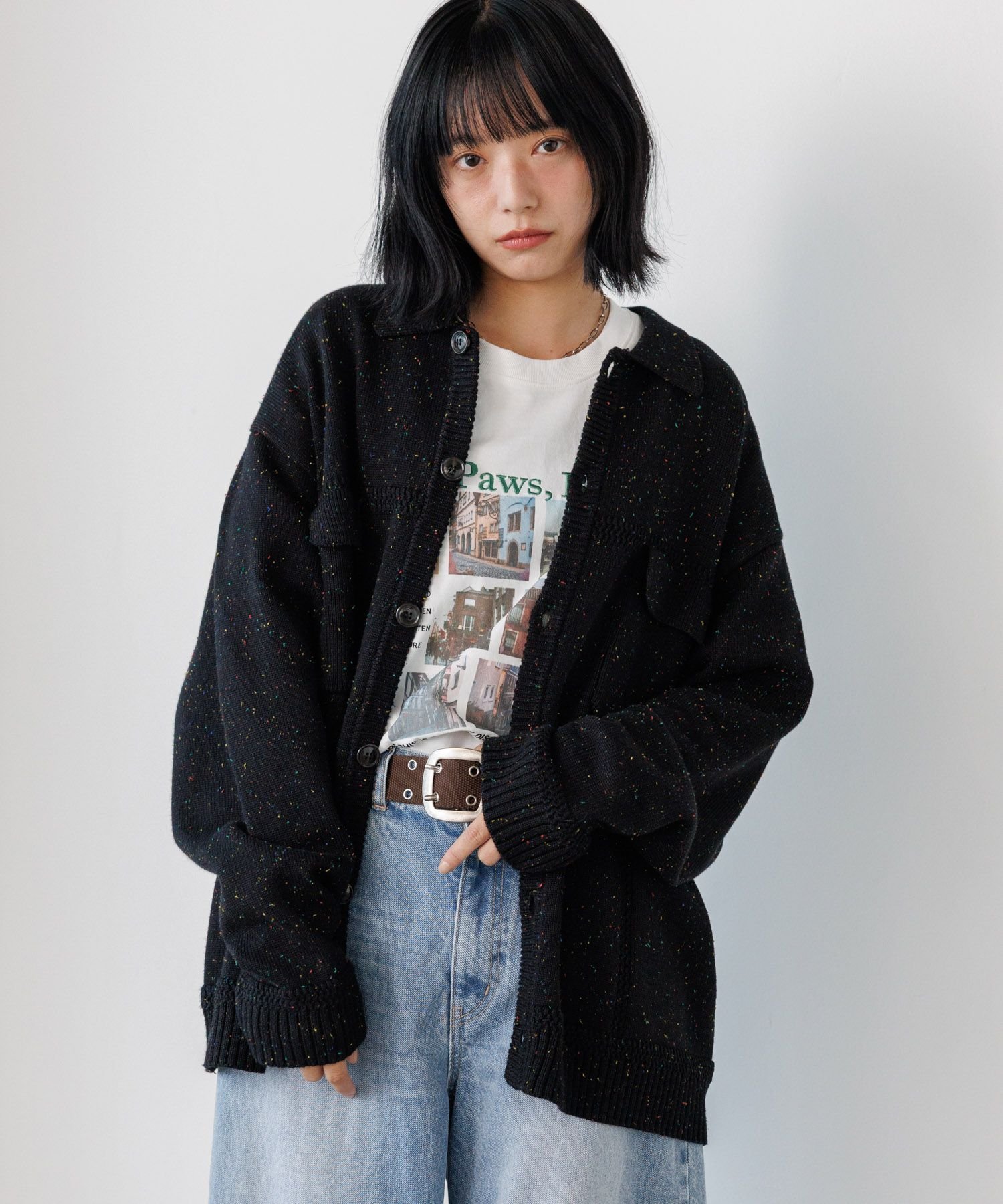 PAGEBOYLIM 【PBLIM】カラフルネップカーデ ページボーイ トップス ニット ブラック グレー