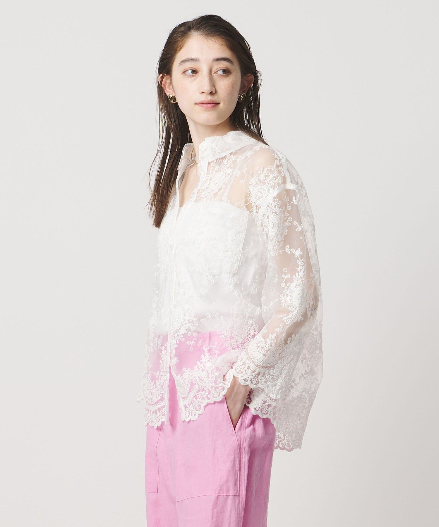 ＜dahl'ia＞8分袖 シアーシャツ ユナイテッドアローズ トップス カットソー・Tシャツ ホワイト