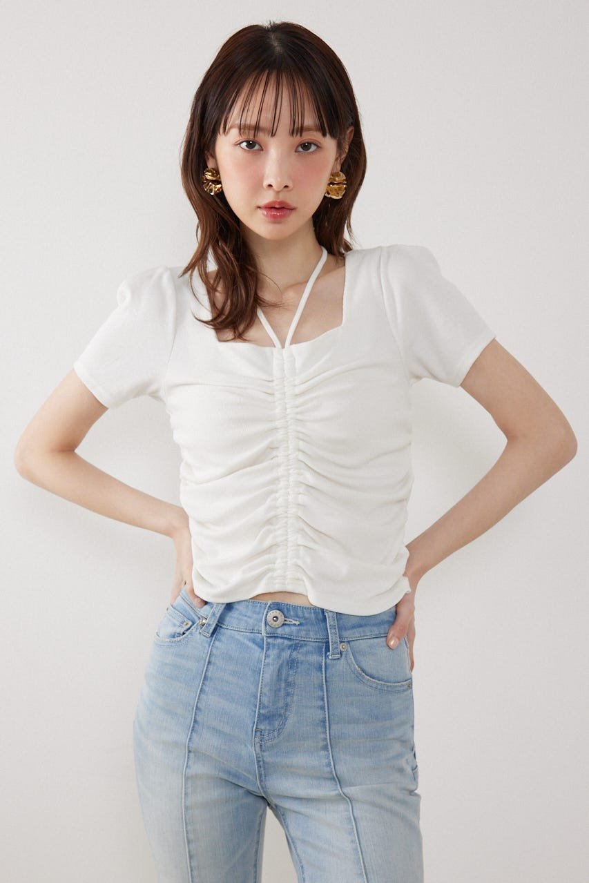 rienda フロントギャザーカットトップス リエンダ トップス カットソー・Tシャツ ブラック ピンク ホワイト