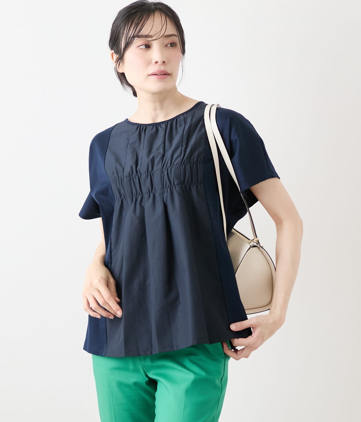 NEWYORKER WOMEN コットンスムースシルケット シャーリングカットソー ニューヨーカー トップス カットソー・Tシャツ ネイビー