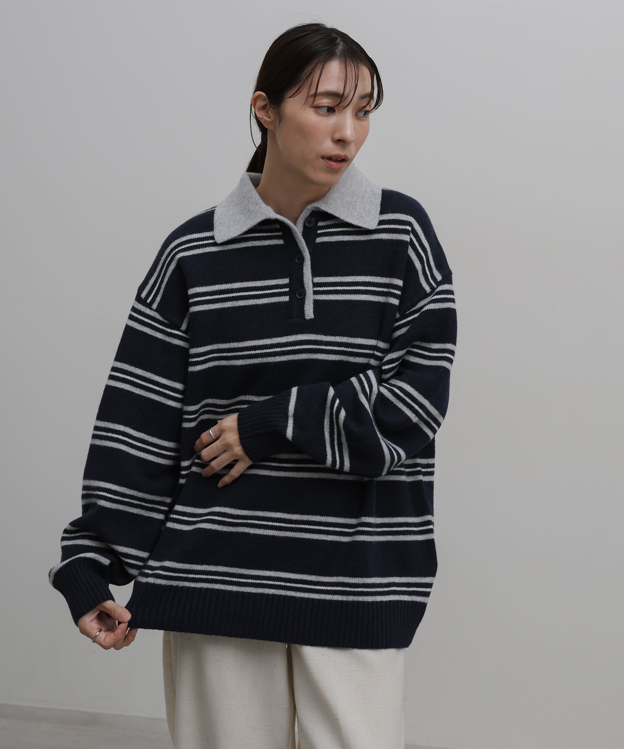 SELECT MOCA ポロボーダールーズニット セレクトモカ トップス ニット ブラウン