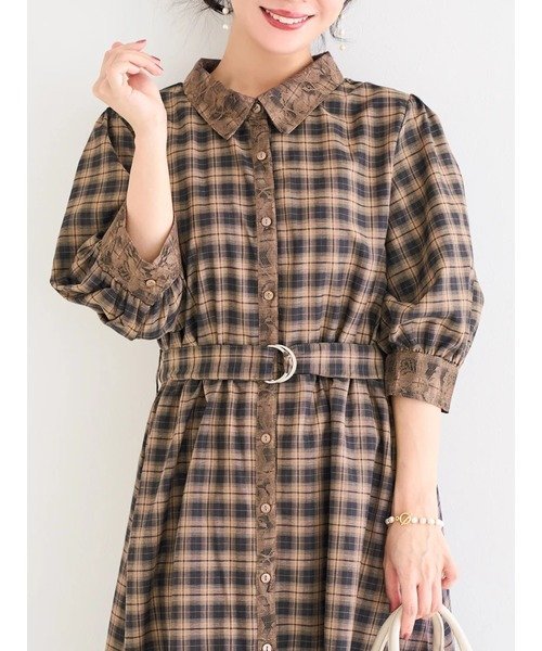Re-J&SUPURE レース使いチェック柄シャツワンピース リジェイアンドスプル ワンピース・ドレス ワンピース