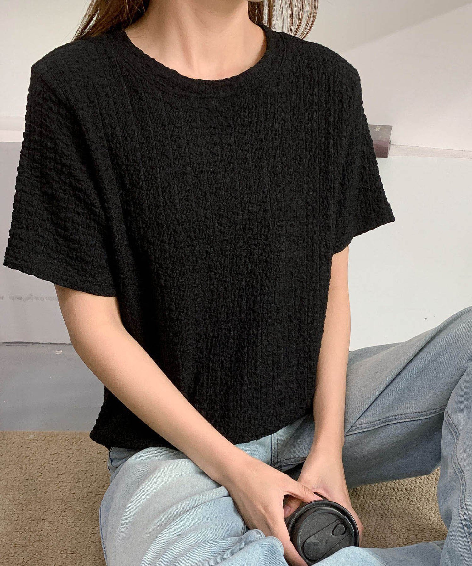 LOWO ワッフル生地Tシャツ カットソー ガール トップス カットソー・Tシャツ ホワイト ブラック