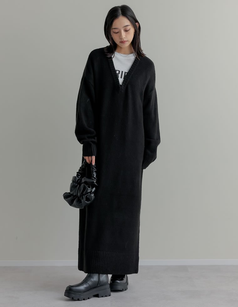 Re:EDIT Vネックブークレニットワンピース リエディ ワンピース・ドレス ワンピース ブラウン ブラック ホワイト グレー【送料無料】のサムネイル