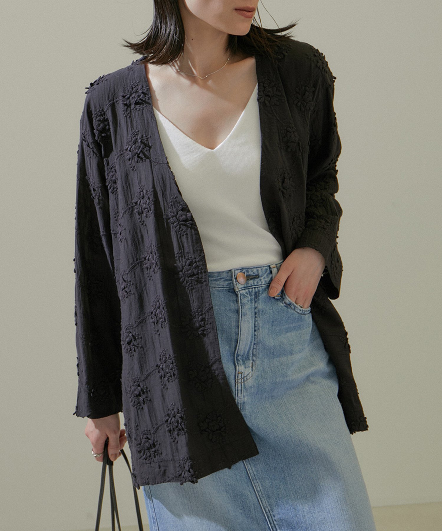 SALON adam et rope' 【WEB限定】エンブロイダリーノーカラージャケット/カーディガン /24SS【洗える】 サロン アダム エ ロペ ジャケット・アウター ノーカラージャケット ブラック ホワイト【送料無料】