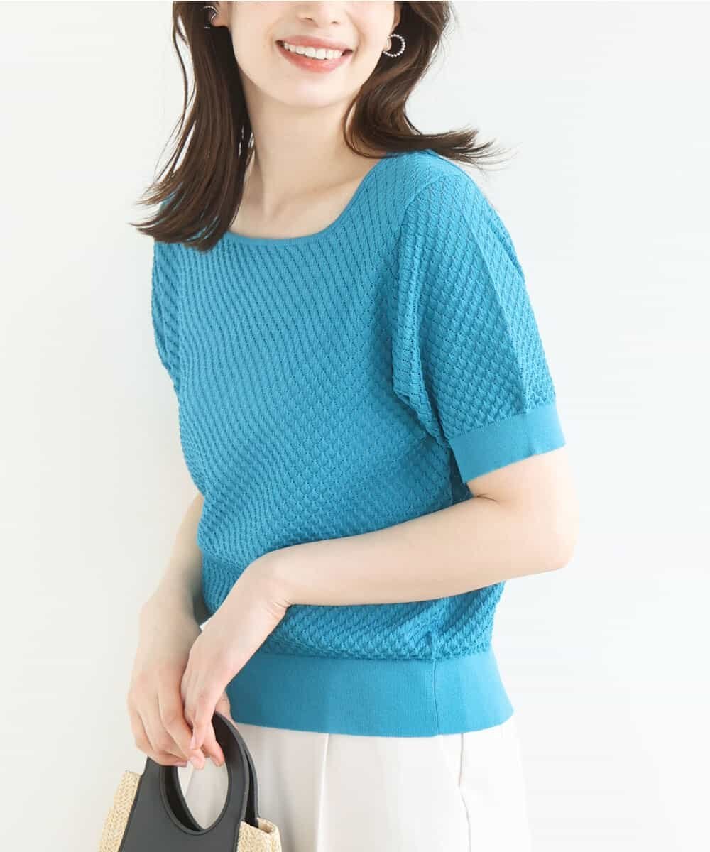 OFUON レーシー編み半袖ニット/洗える オフオン トップス ニット イエロー ネイビー ホワイト ブルー【送料無料】のサムネイル