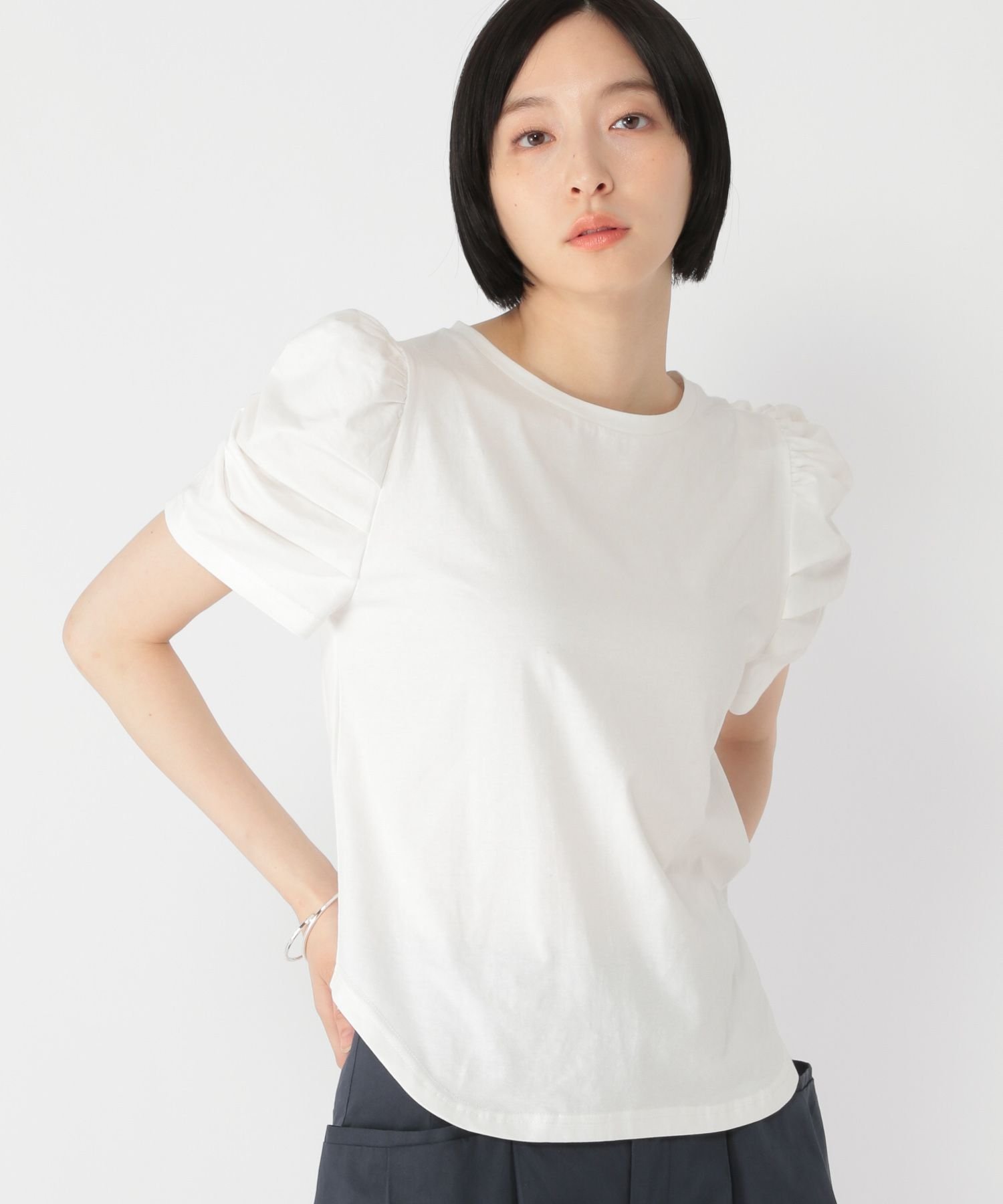 【SALE／30%OFF】daily CLIP 【daily CLIP】肩ボリュームショートスリーブカットソー スタディオクリップ トップス カットソー・Tシャツ ブラック レッド ホワイト