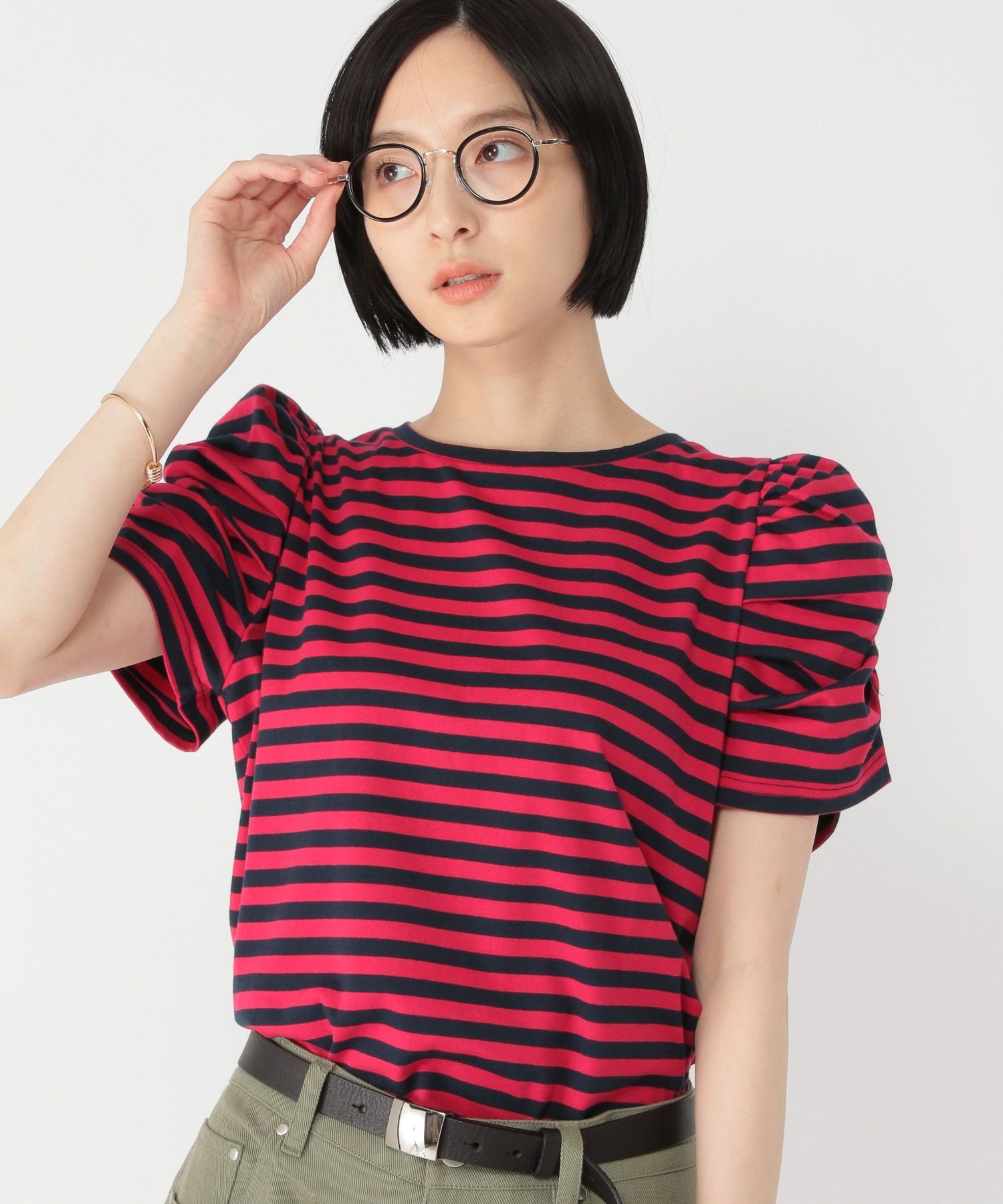 【SALE／30%OFF】daily CLIP 【daily CLIP】肩ボリュームショートスリーブカットソー スタディオクリップ トップス カットソー・Tシャツ ブラック レッド ホワイト