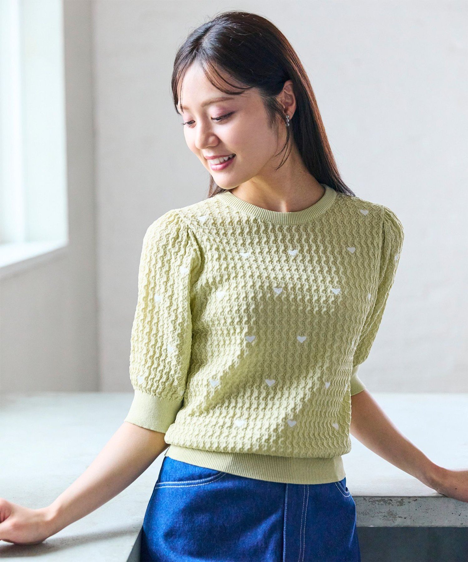 【SALE／20%OFF】Feroux 【洗える】ハーフスリーブ ハート刺繍 ニット フェルゥ トップス ニット ピンク パープル イエロー【送料無料】