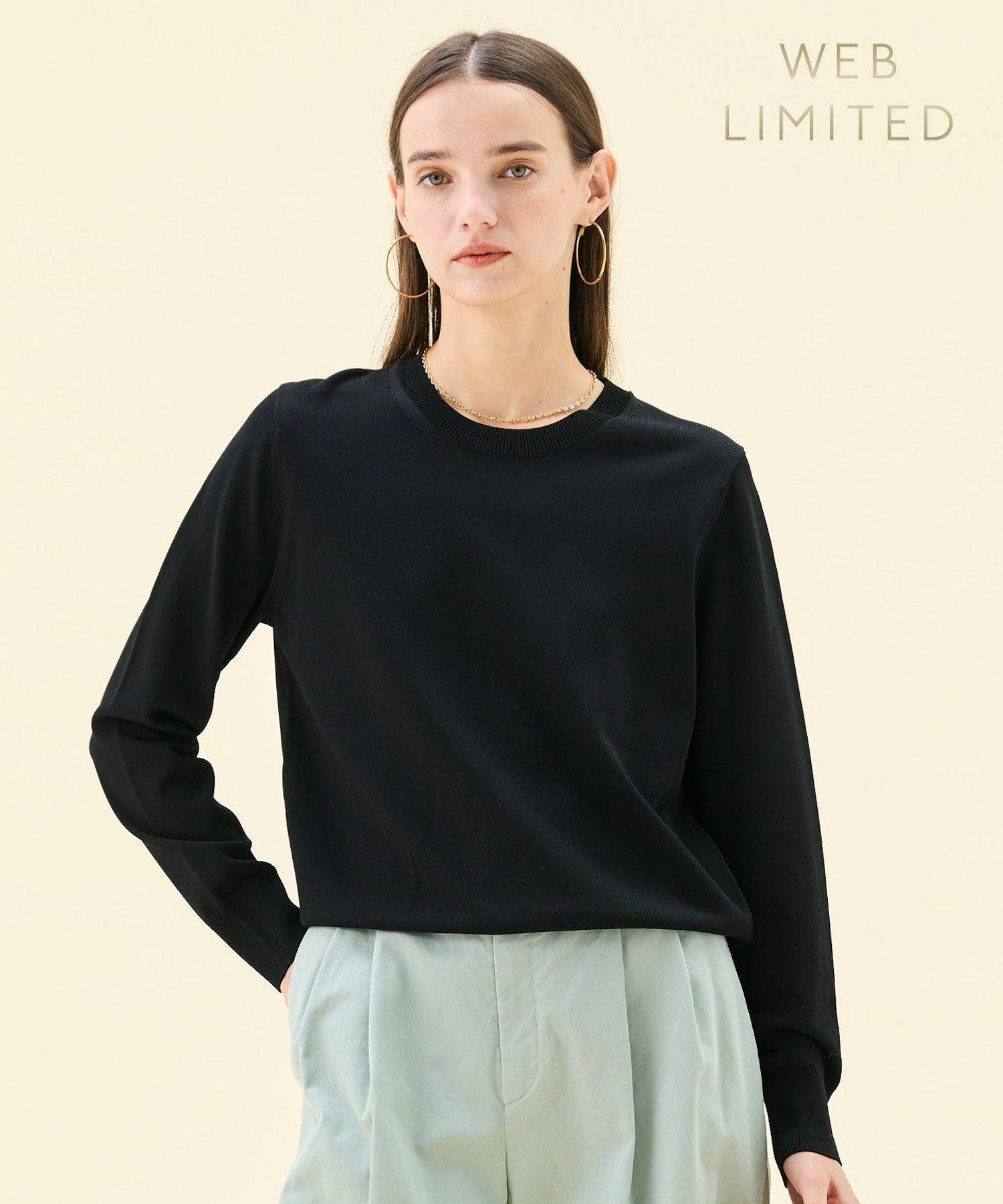 , 【WEB限定・洗える】LECERF / 異素材バックシアーストレッチニット ベイジ, トップス ニット ブラック ネイビー