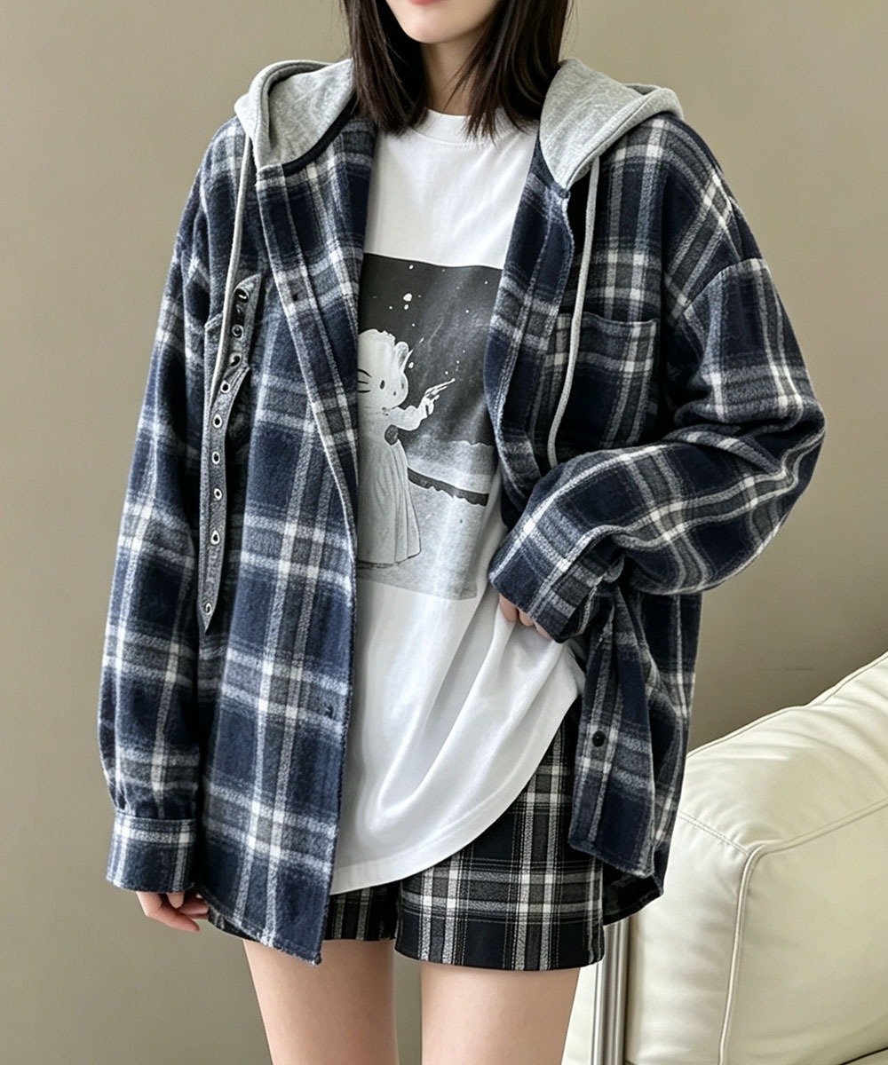 miniministore チェック柄フーデッドシャツレディース秋冬 ミニミニストア トップス シャツ・ブラウス ブラック ネイビー