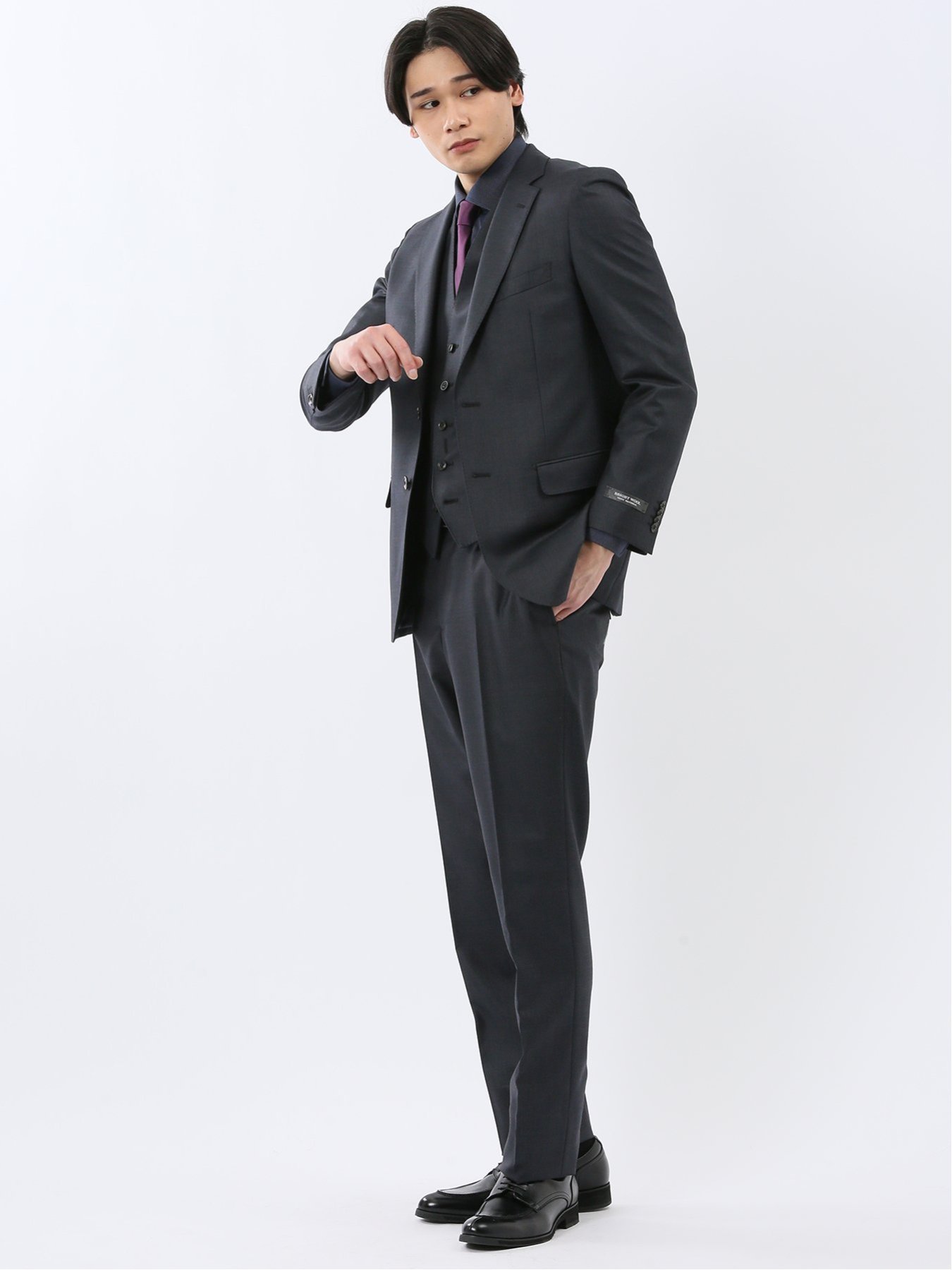 【SALE／10%OFF】m.f.editorial 光沢ウール混 スリムフィット 2ボタン3ピーススーツ 組織紺 タカキュー スーツ・フォーマル セットアップスーツ ネイビー【送料無料】