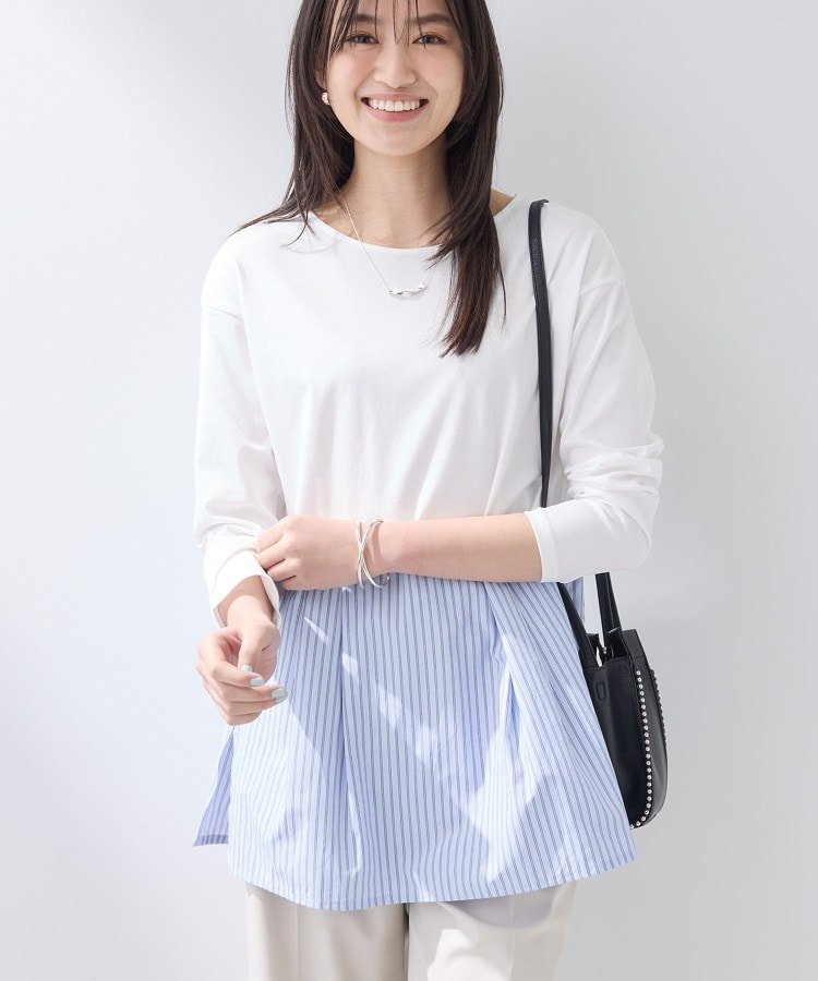 【レイヤードにおすすめ】切り替えデザイントップス インディヴィ トップス カットソー・Tシャツ ブルー ホワイト