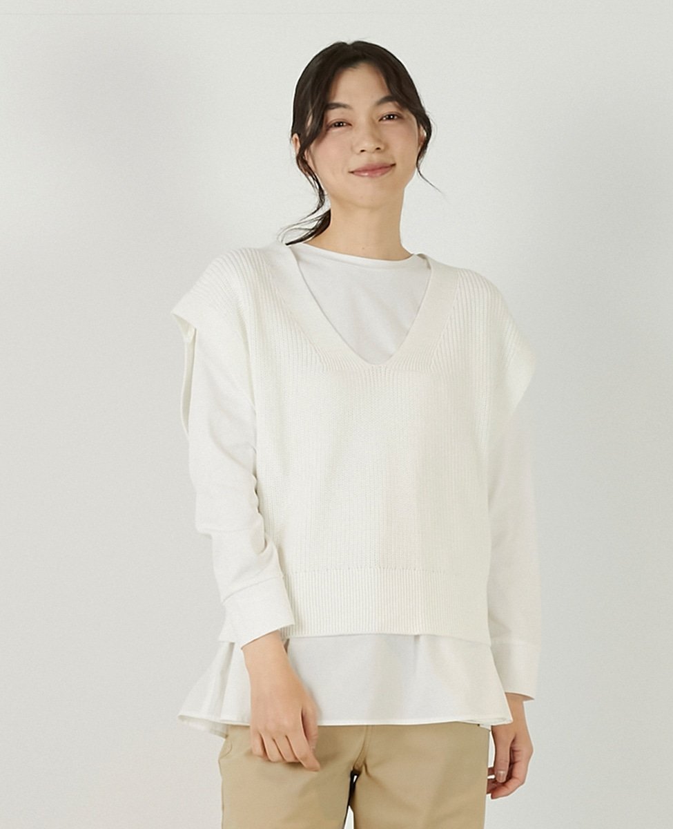 【SALE／50%OFF】MELROSE CLAIRE 【コットンミックスの片畦Vネックベスト】 メルローズクレール トップス ベスト・ジレ ベージュ ホワイト グレー【送料無料】