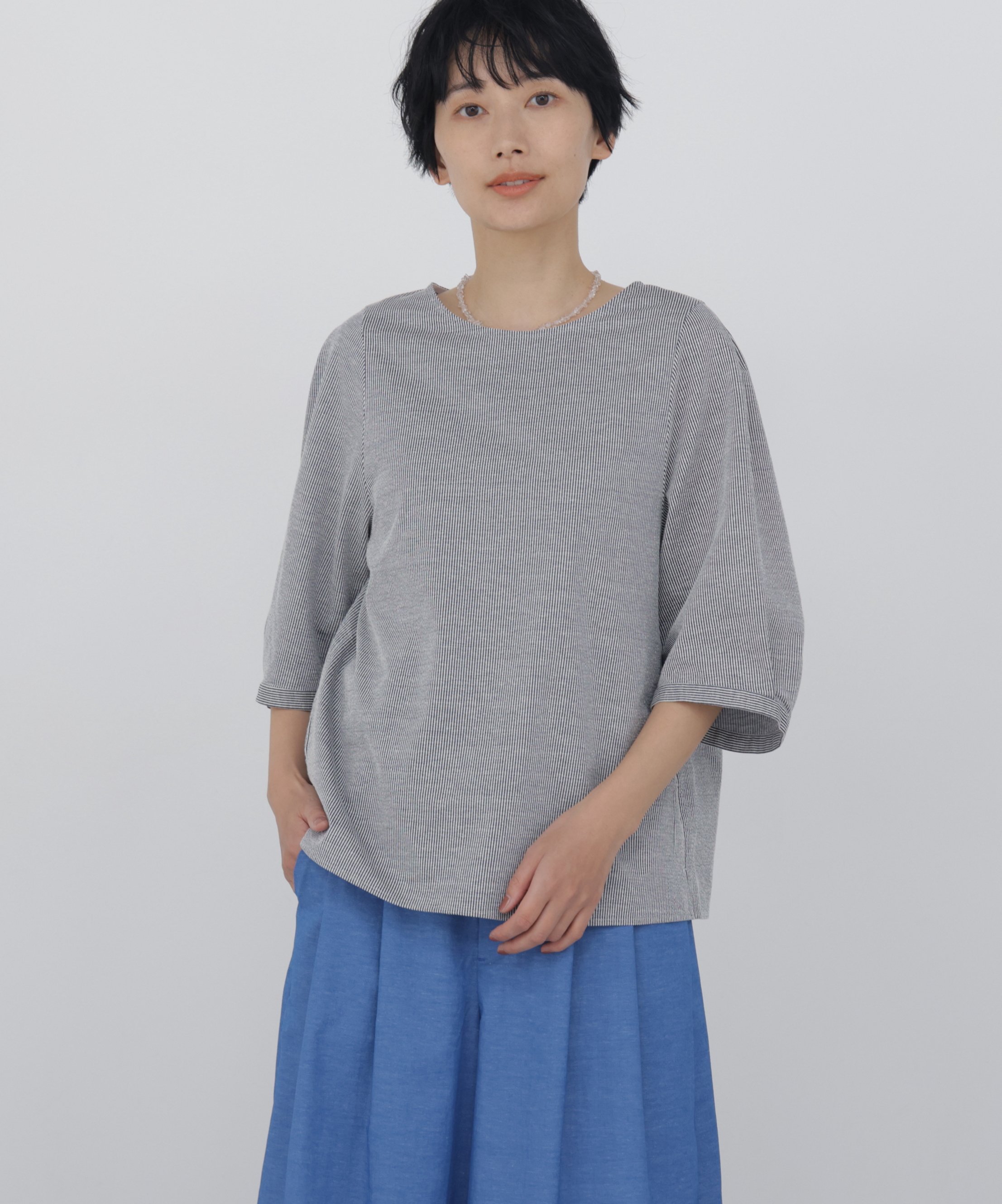 human woman ◆《接触冷感 / 洗える》 ジャカードストライプクルーネックプルオーバー ヒューマン ウーマン トップス カットソー・Tシャツ ネイビー ブルー