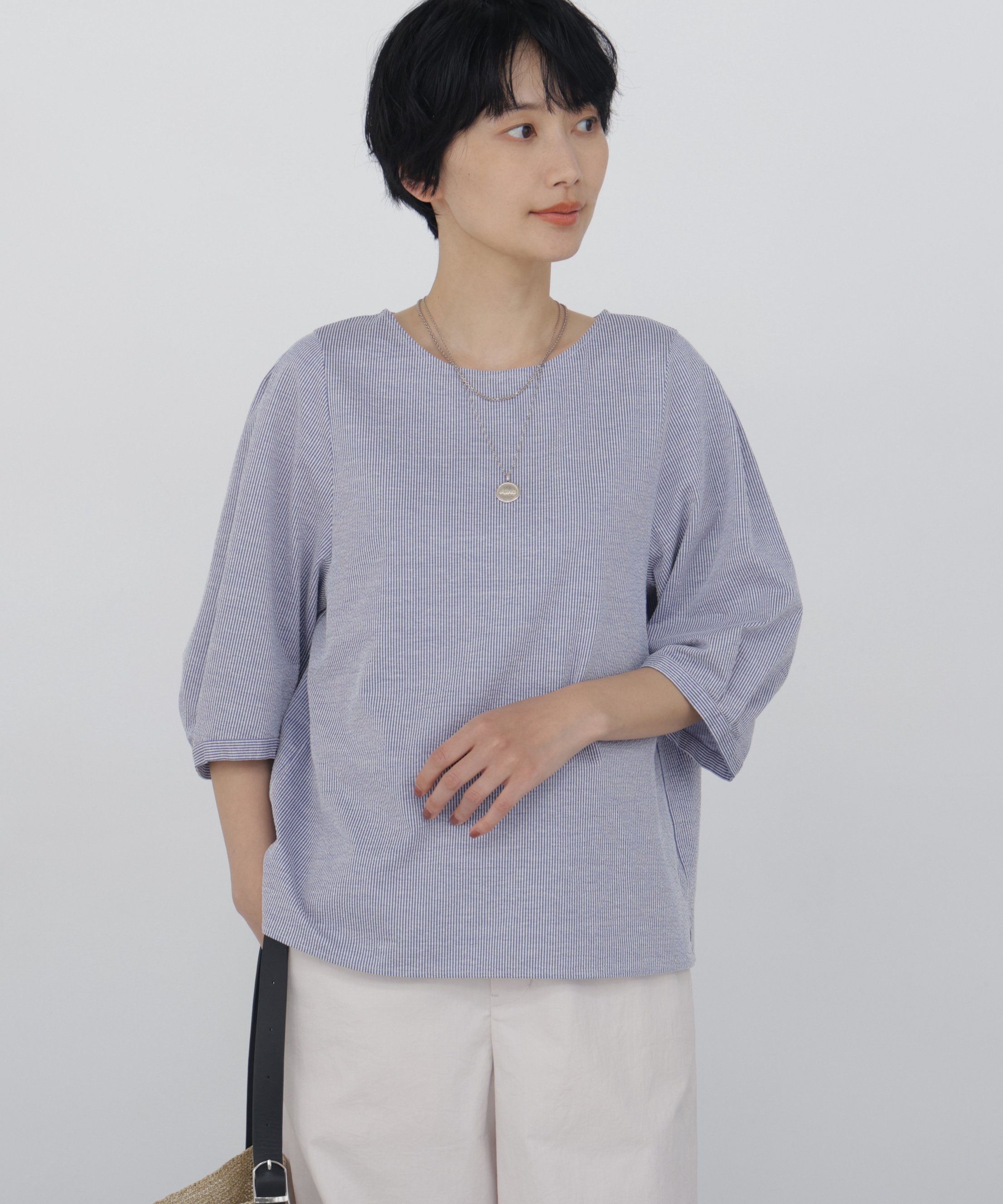 human woman ◆《接触冷感 / 洗える》 ジャカードストライプクルーネックプルオーバー ヒューマン ウーマン トップス カットソー・Tシャツ ネイビー ブルー