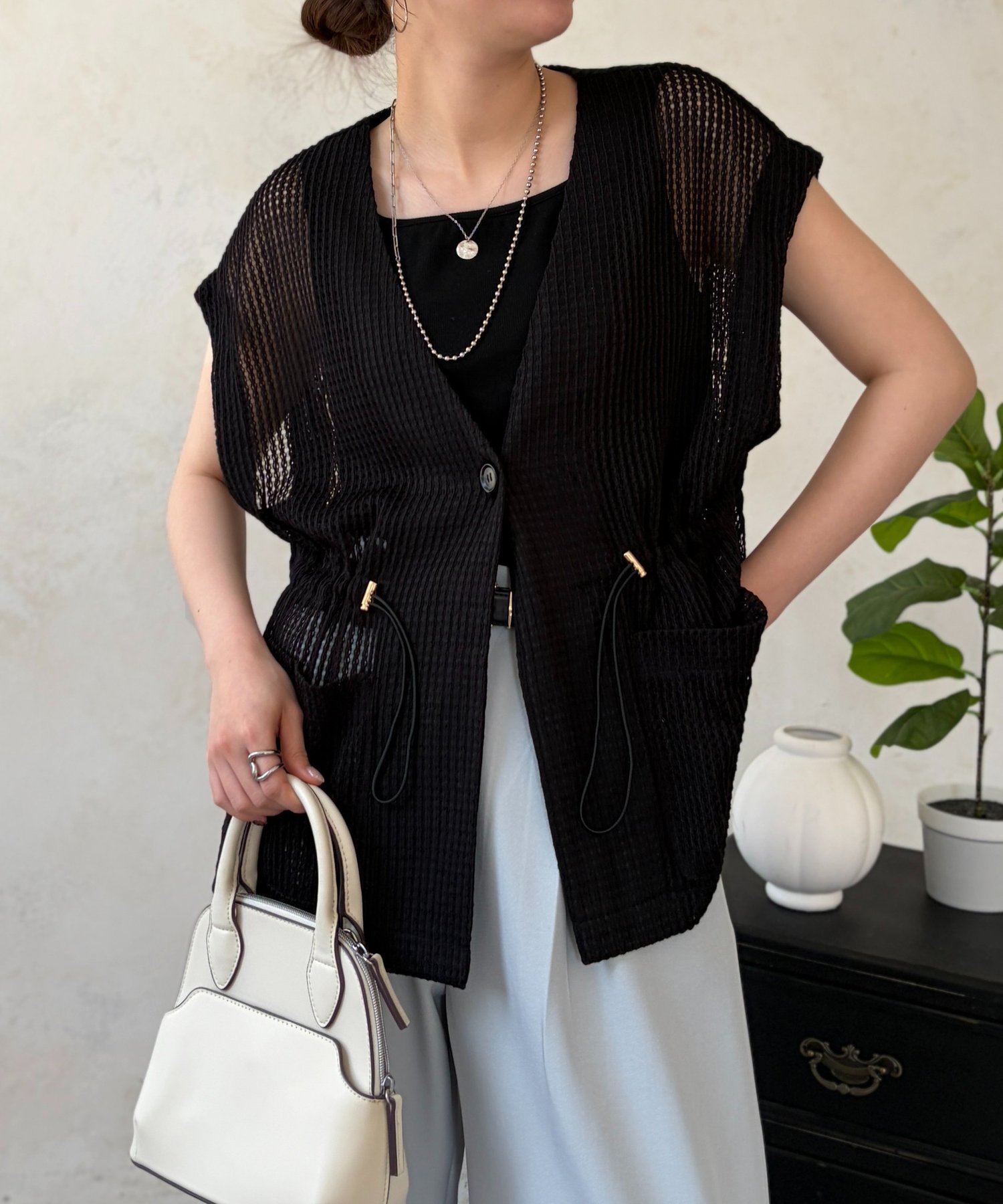 Chez toi メッシュベスト シェトワ トップス ベスト・ジレ ホワイト ブラック【送料無料】