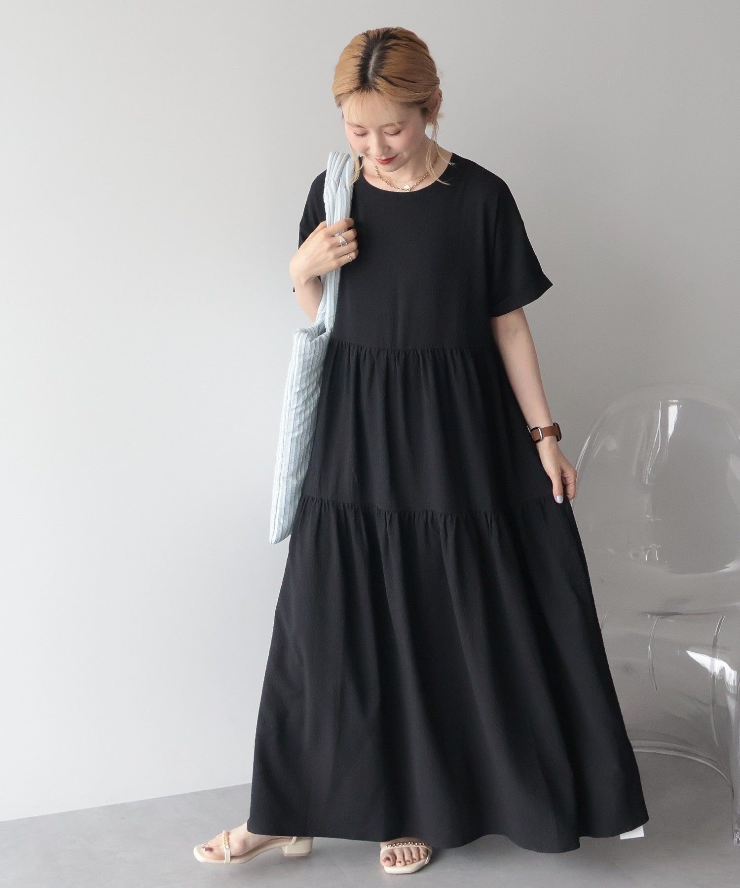 AMERICAN HOLIC 【WEB限定】サッカーティアードワンピース＜丈違い＞【UVカット・イージーケア】 アメリカンホリック ワンピース・ドレス その他のワンピース・ドレス ブラウン ブラック【送料無料】