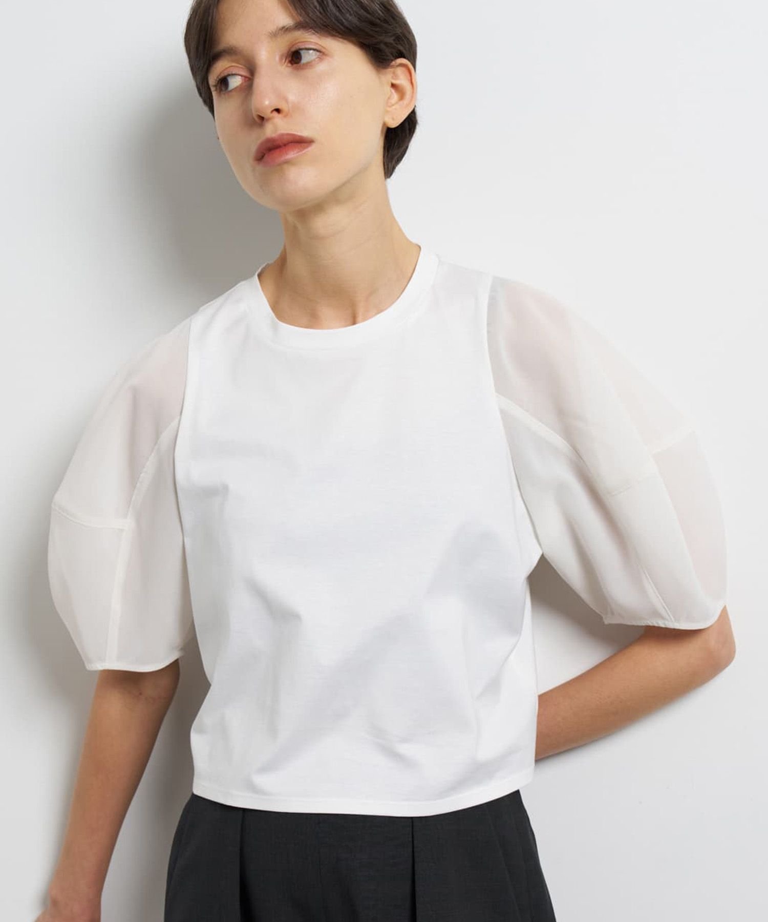 クロップドコンビカットソー ランバンオンブルー トップス カットソー・Tシャツ ブラック ホワイト カーキグリーン